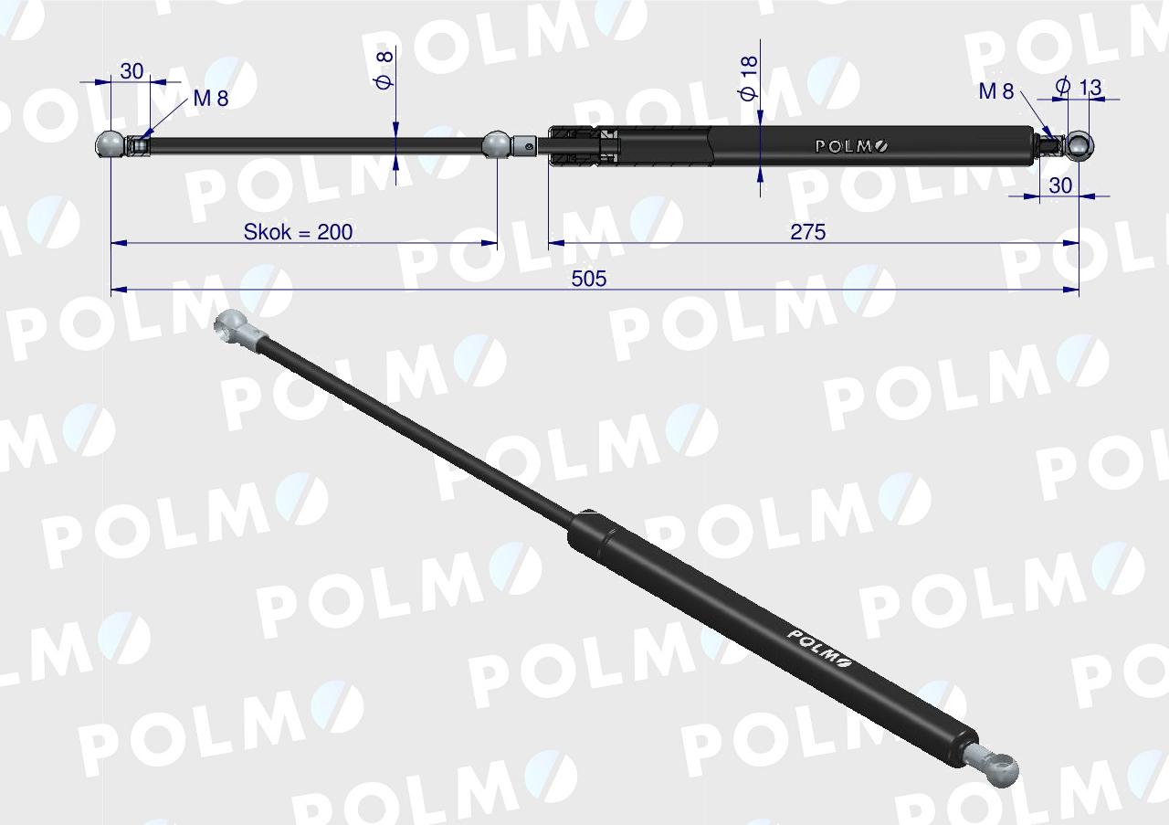Siłownik szyby przedniej tylnej L max. 510mm 04357777P drzwi  DEUTZ POLMO