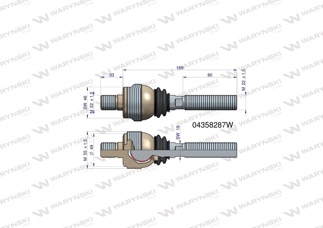 Przegub kierowniczy 202mm- M22x1,5; M22x1,5 04358287 WARYŃSKI