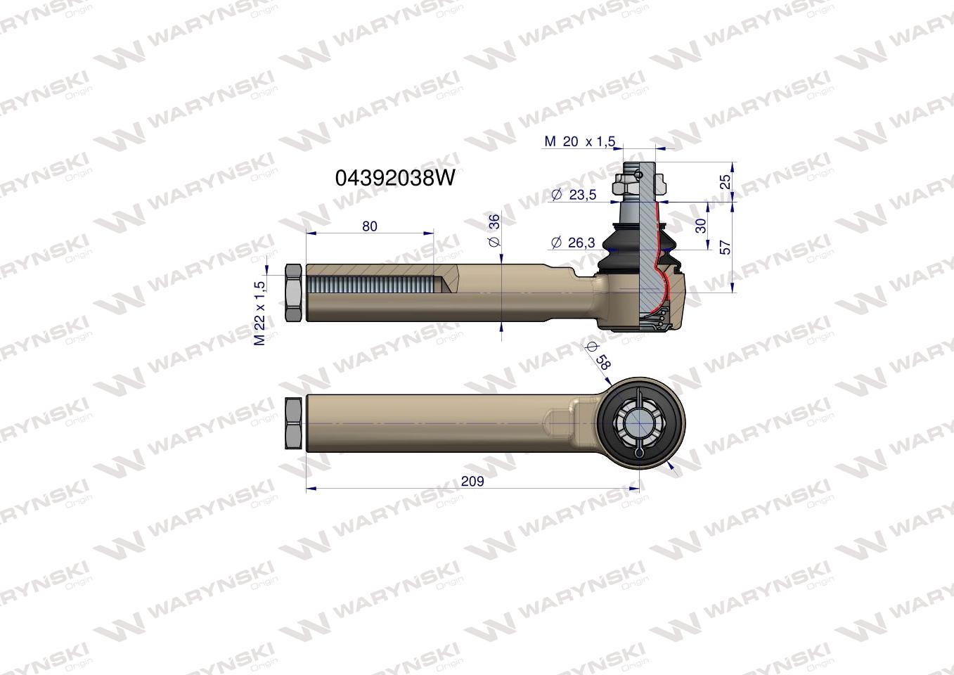 Przegub kierowniczy 209mm- M22x1,5 04392038, 04358286 WARYŃSKI