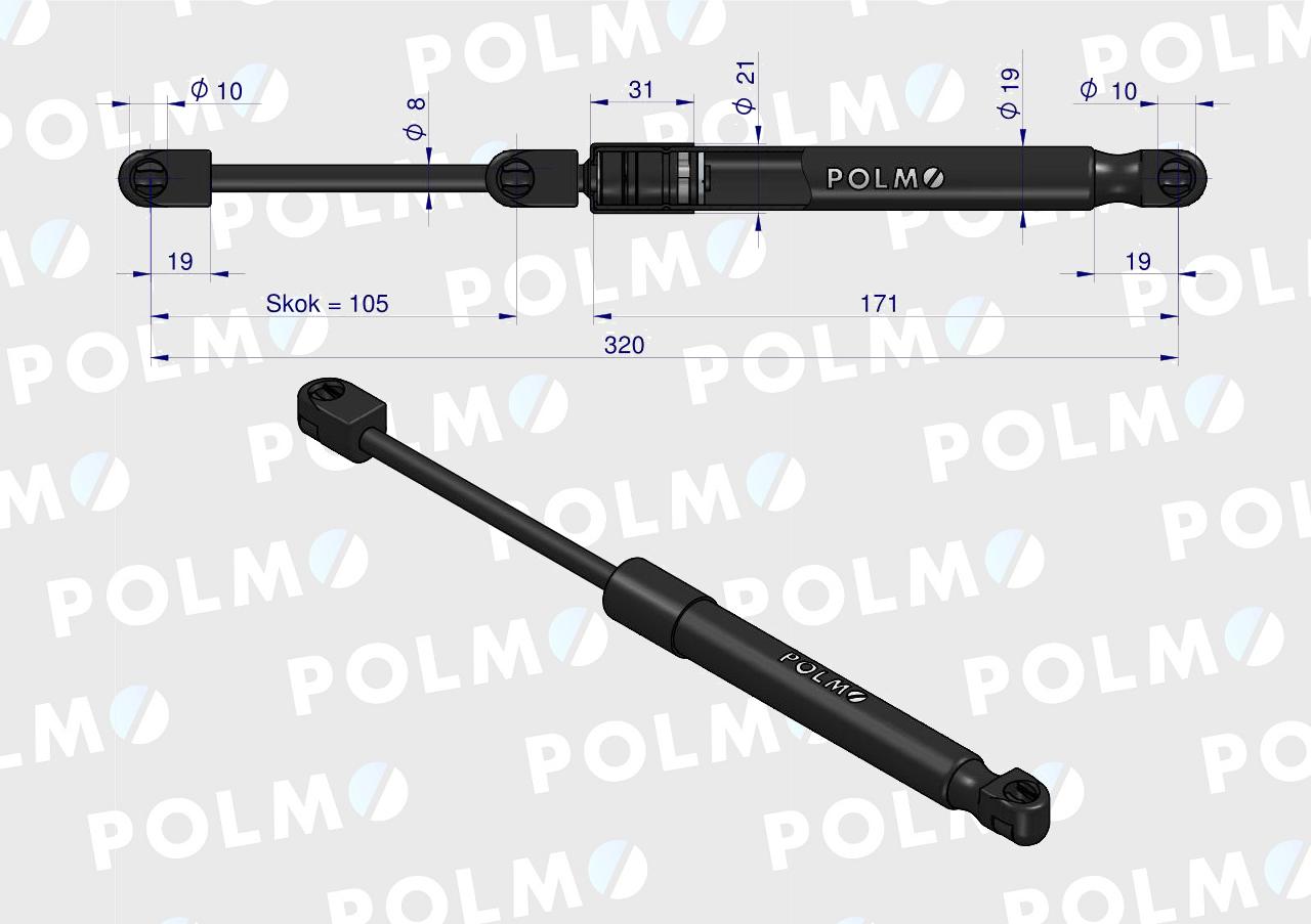 Siłownik maski silnika L max. 320mm 04416543P DEUTZ POLMO