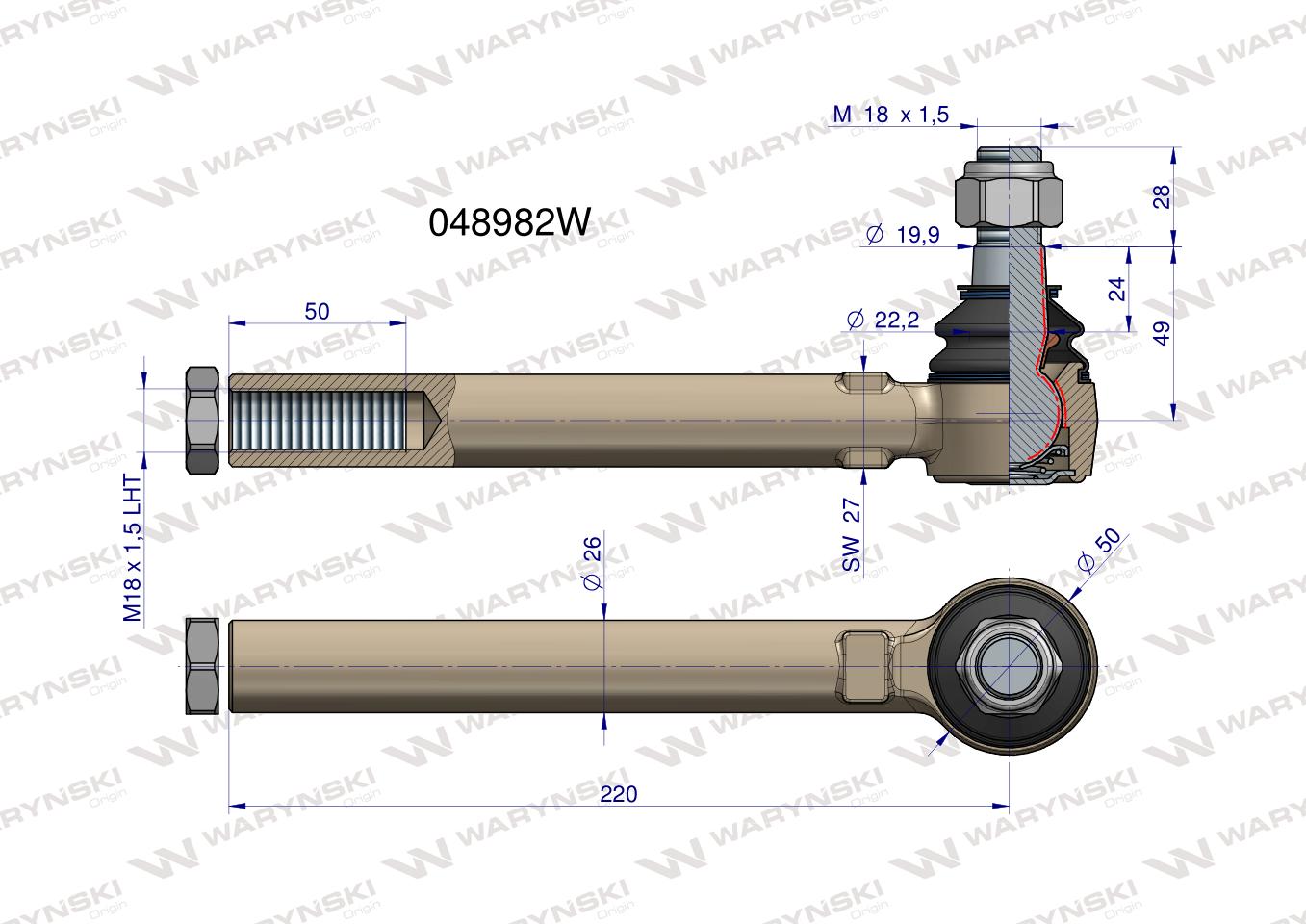 Przegub kierowniczy M18x1.5L 048982 WARYŃSKI
