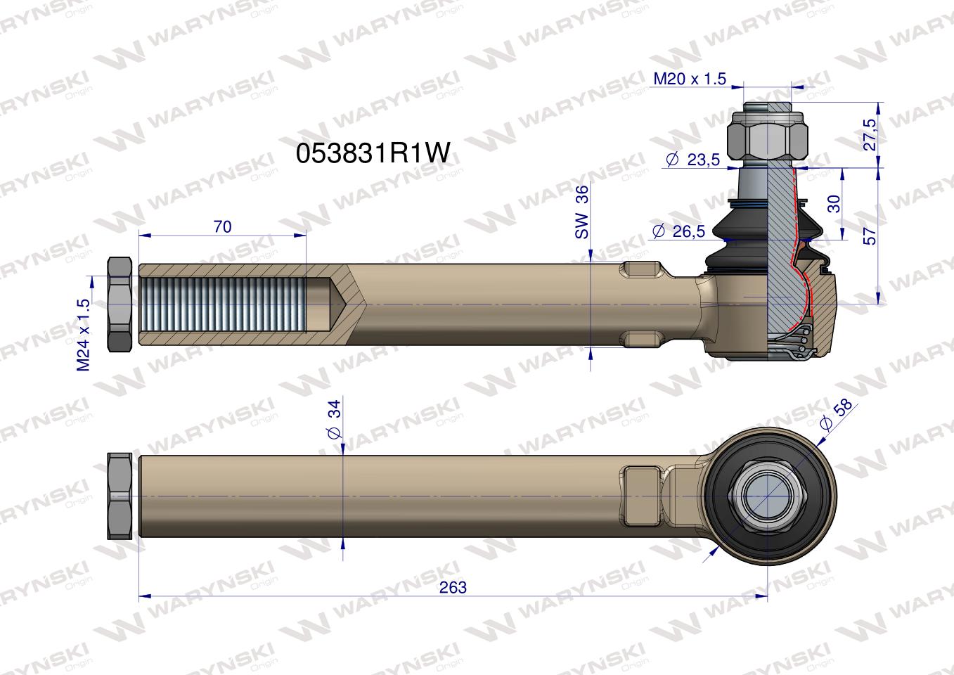 Przegub kierowniczy 263mm M24x1.5 053831R1 WARYŃSKI