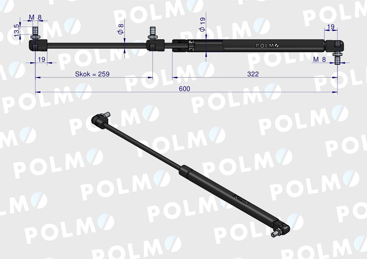 Siłownik szyby przedniej. drzwi L max. 600mm 65499070 DIETEG POLMO