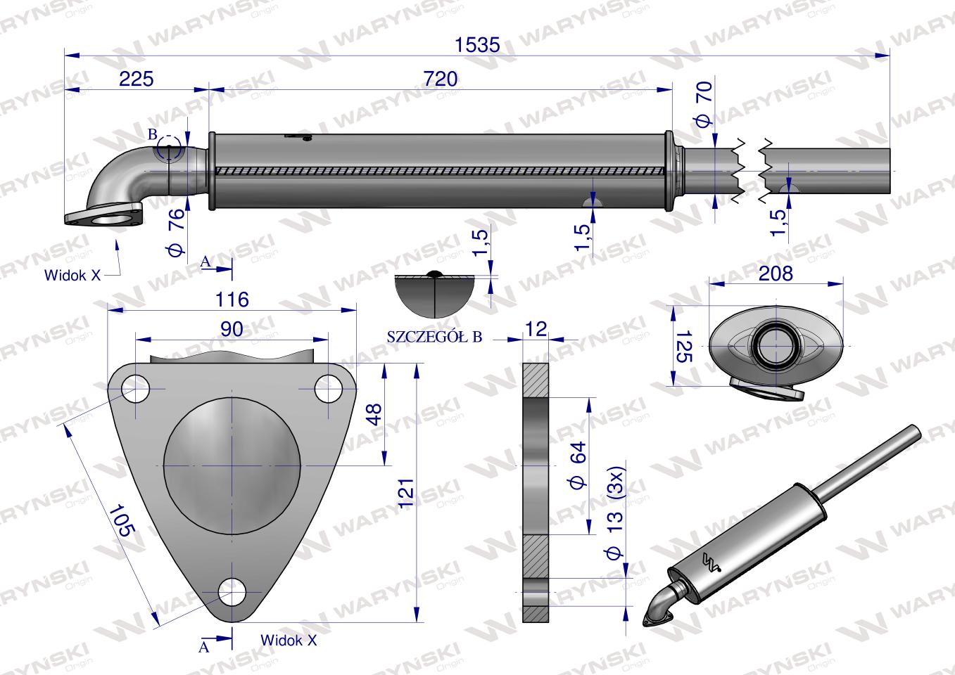 Tłumik Zetor 8520-10540 1550mm INOX Waryński