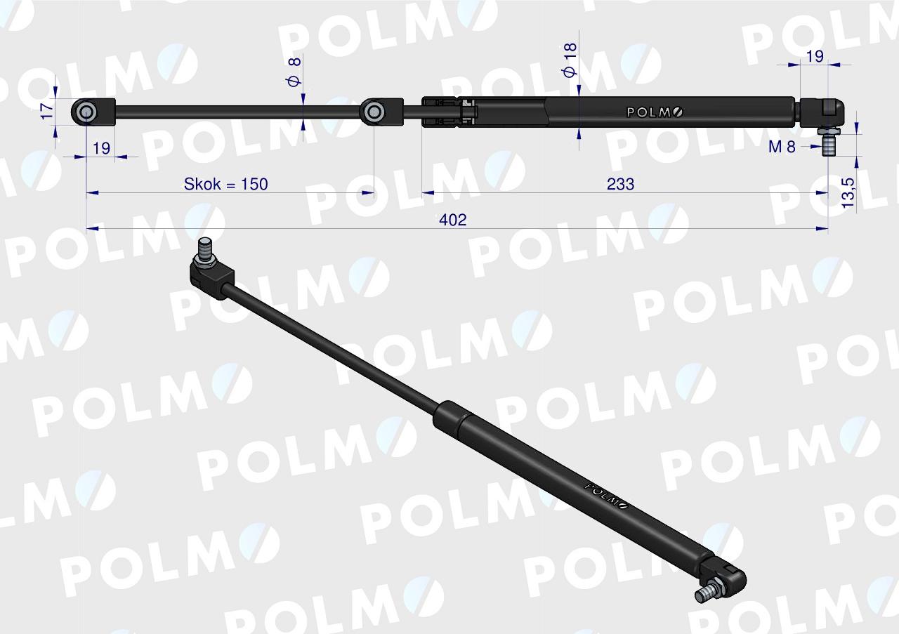 Siłownik szyby tylnej L max. 402mm 12190100P ZETOR POLMO