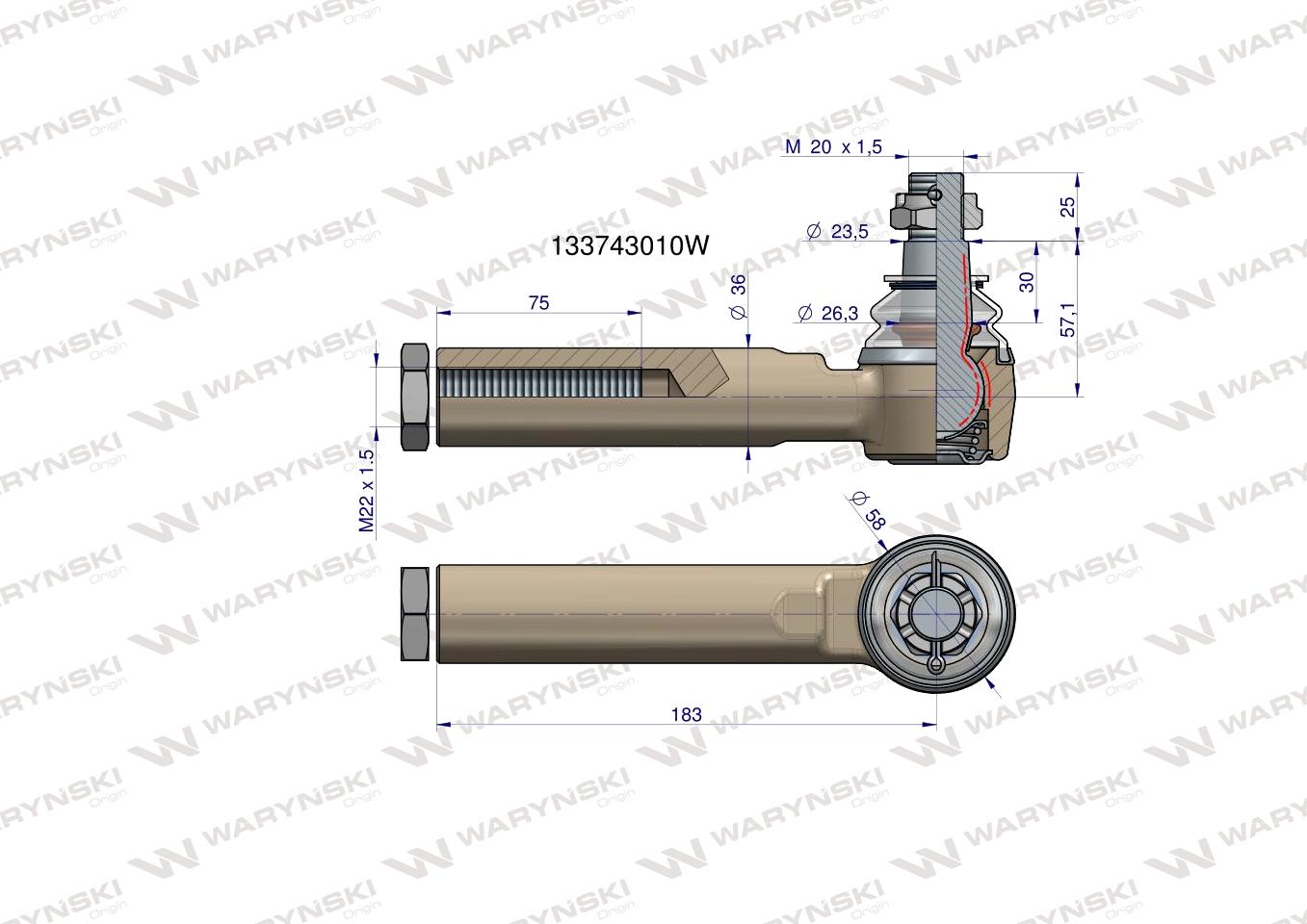 Przegub kierowniczy 183mm- M22x1,5 133743010 WARYŃSKI