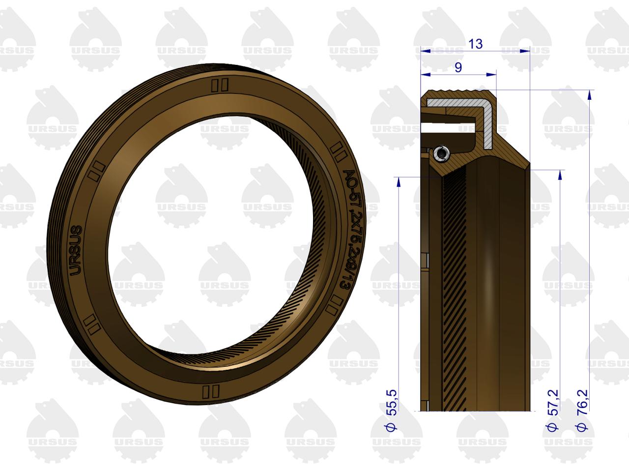 Pierścień uszczelniający uszczelniacz simering 2-wargowy wału przedni 57.2x76.2x9/13 2415344 Fluoroelastomer MF3 ORYGINAŁ URSUS