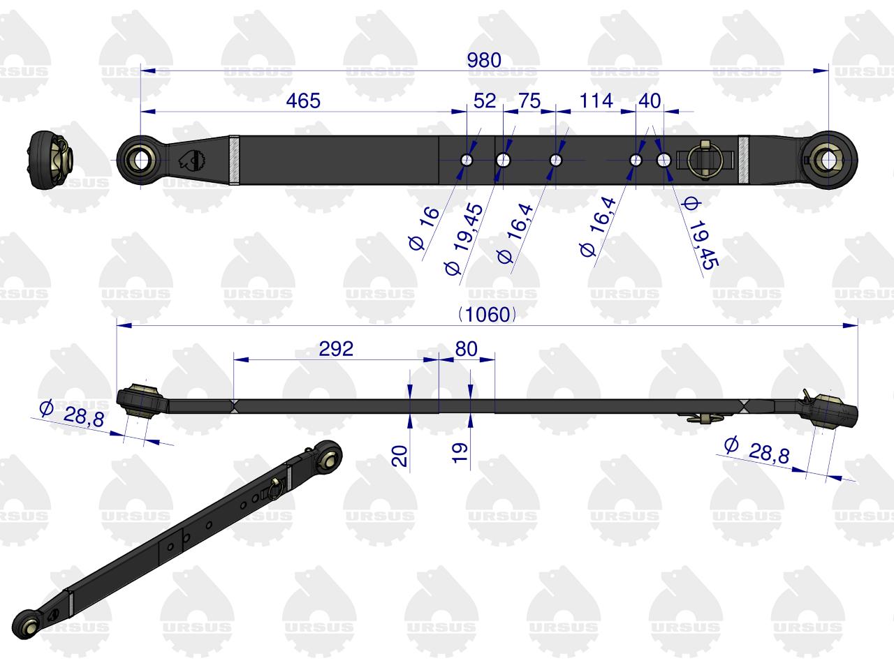 Cięgło dźwignia dolna (L-980mm) MF-255, 3512, 3514 MF3 ORYGINAŁ URSUS