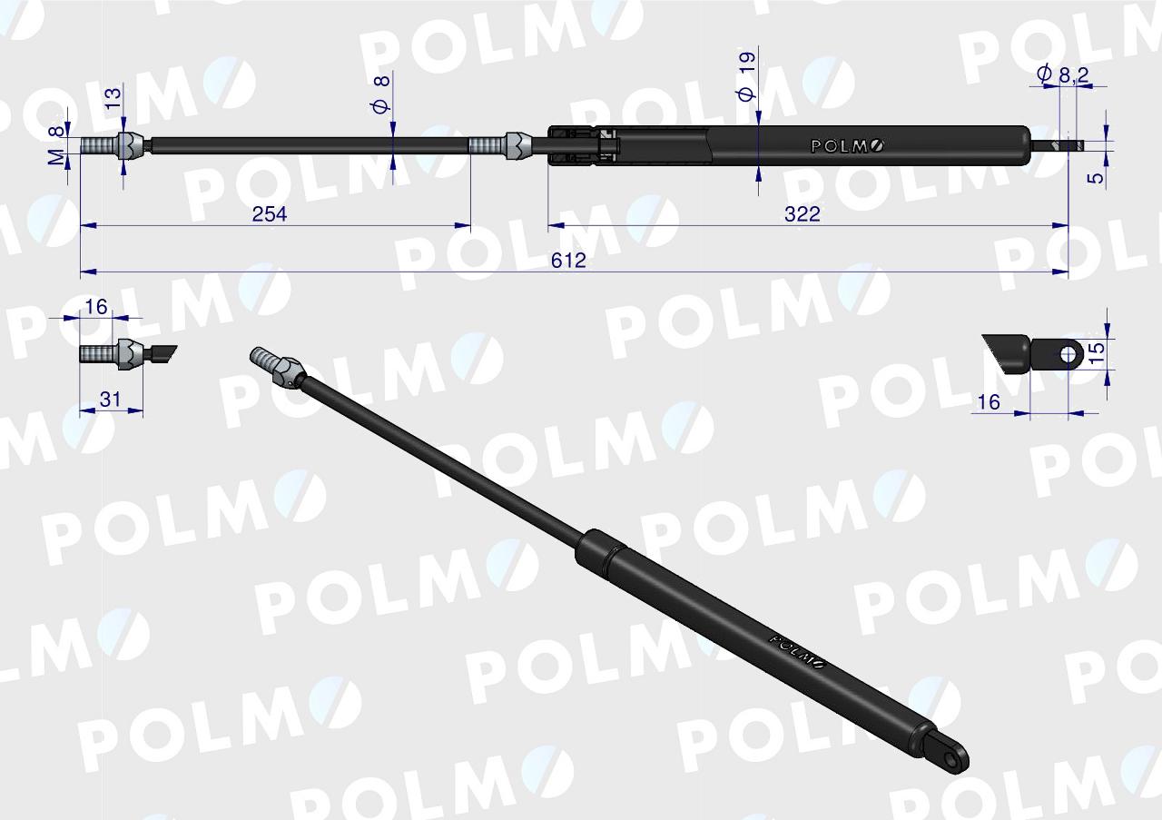 Siłownik szyby tylnej L max. 615mm 65421001 1-99-976-005 STEYR POLMO