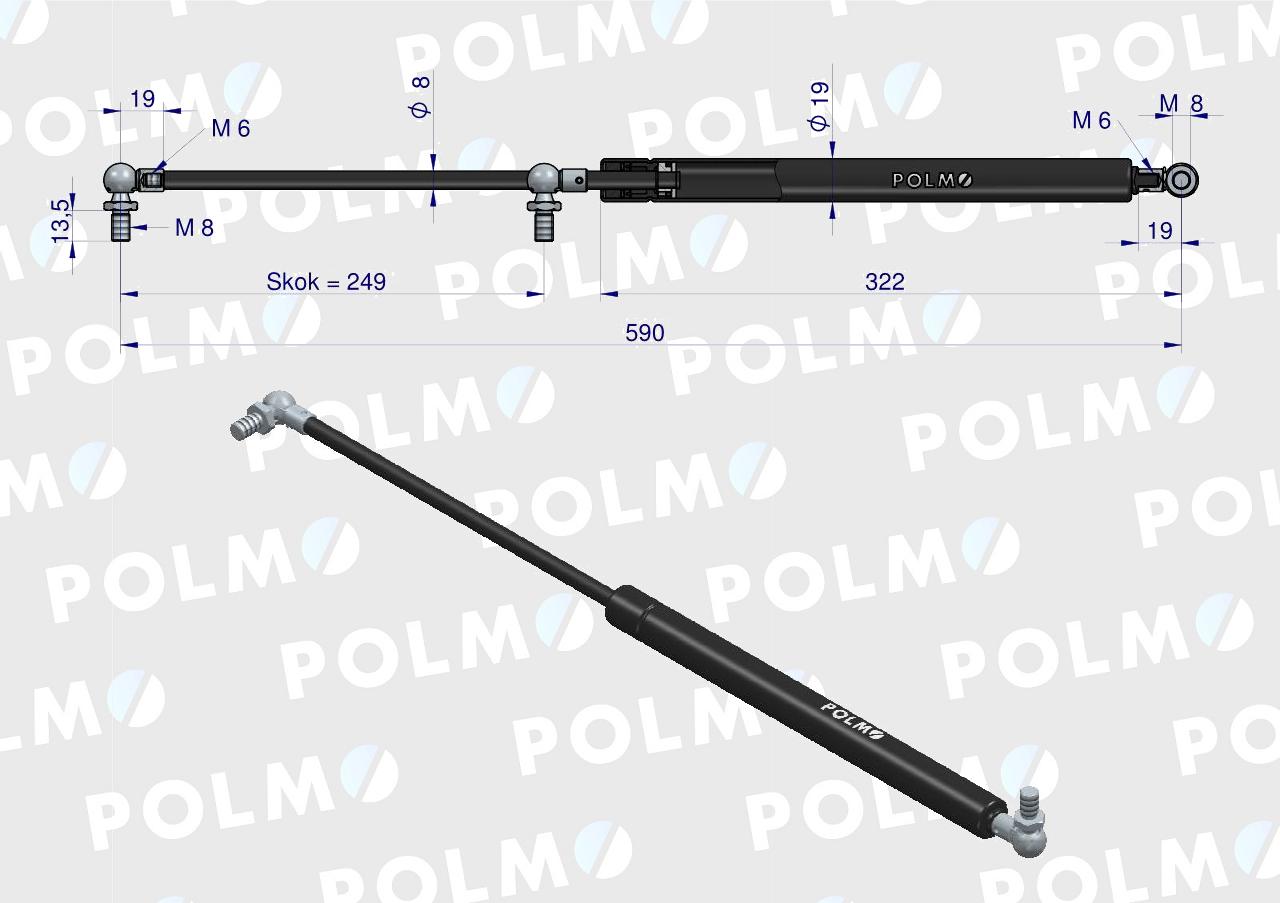 Siłownik szyba przednia L max. 590mm 199976077P CASE IH STEYR POLMO