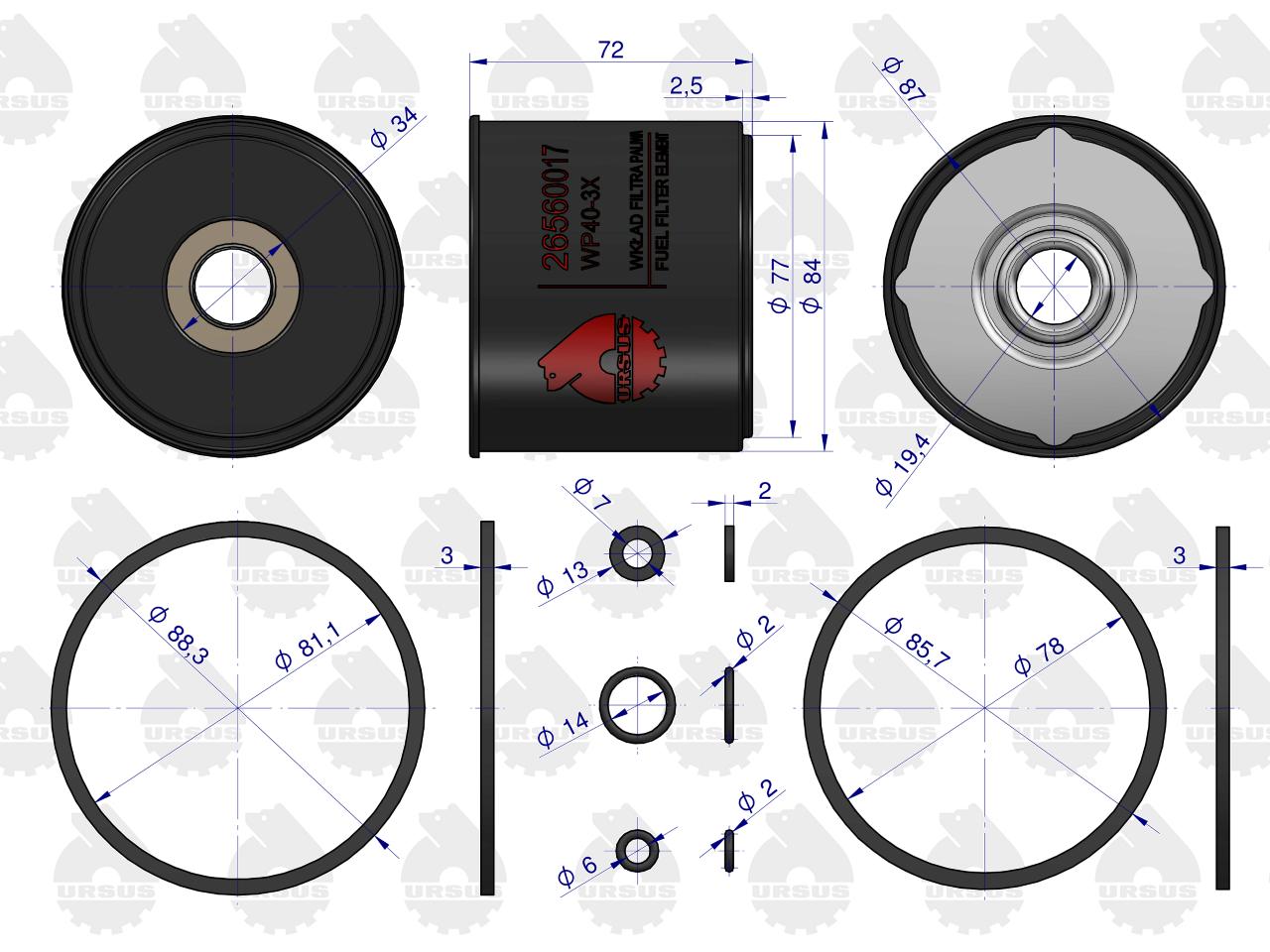 Wkład filtra paliwa WP40-3X MF-3 ORYGINAŁ URSUS, (sprzedawane po 12)