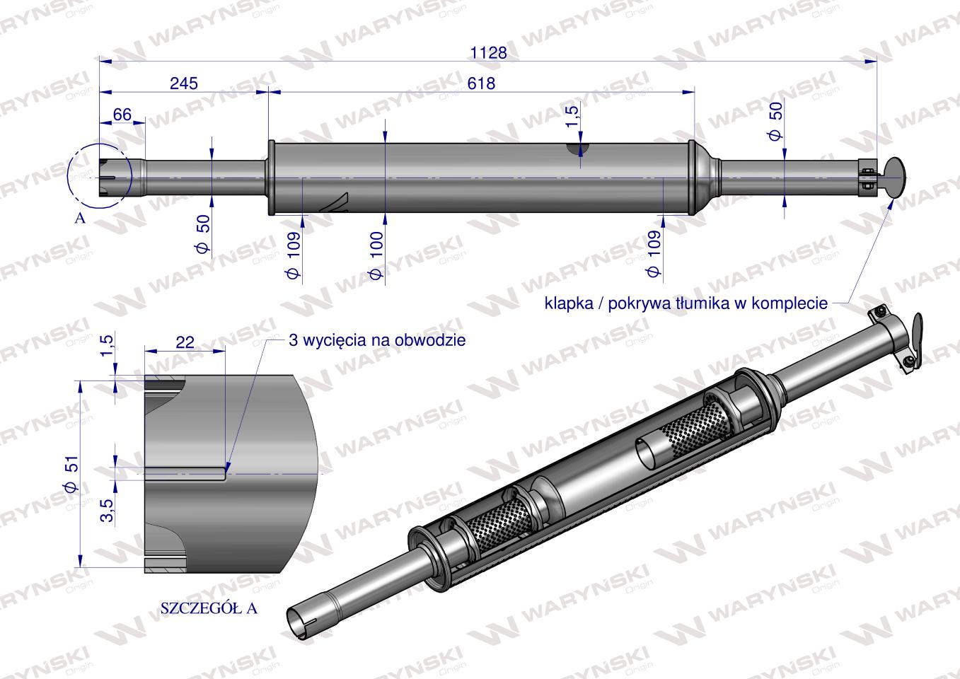 Tłumik 1128mm 3029104M1 4.8kg MF3 C-3603P (prosty) INOX WARYŃSKI
