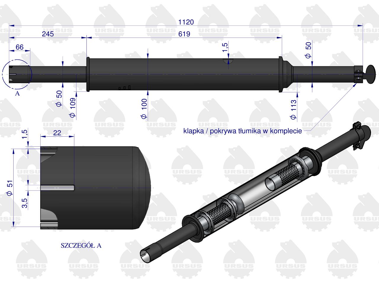 Tłumik 1120mm 3029104M1 5,2kg MF3 C-3603P (prosty) ORYGINAŁ URSUS