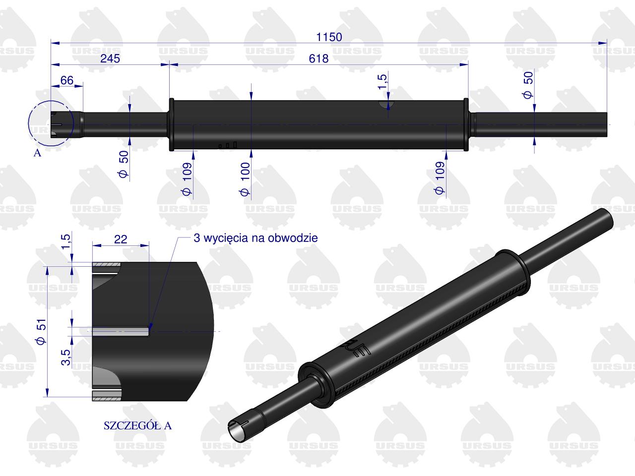 Tłumik 1120mm 3029104M1 prosty MF3 URSUS C-360 3P 3512 Emaliowany ORYGINAŁ URSUS