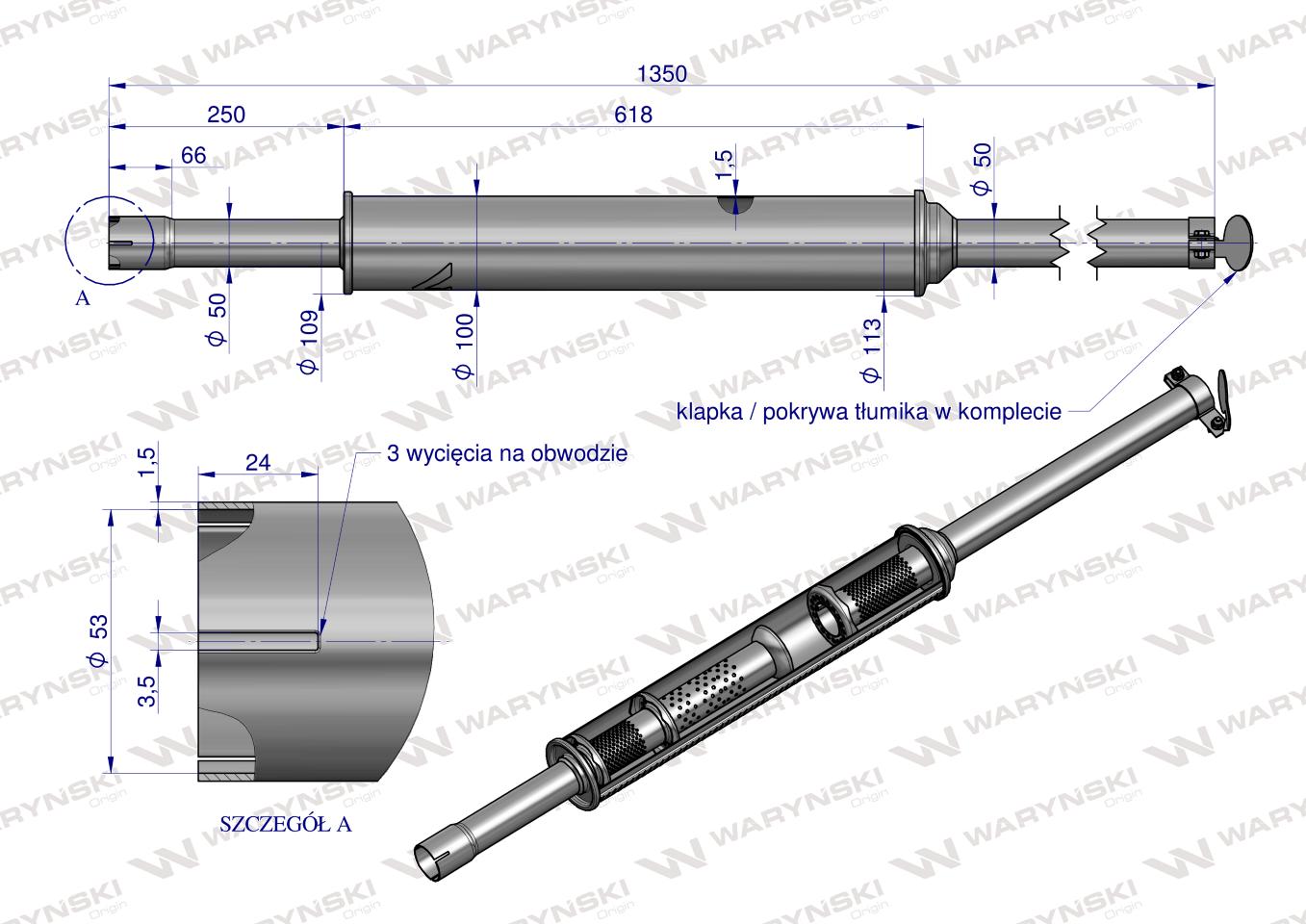 Tłumik 1350mm 5.8kg MF3 (prosty) INOX WARYŃSKI