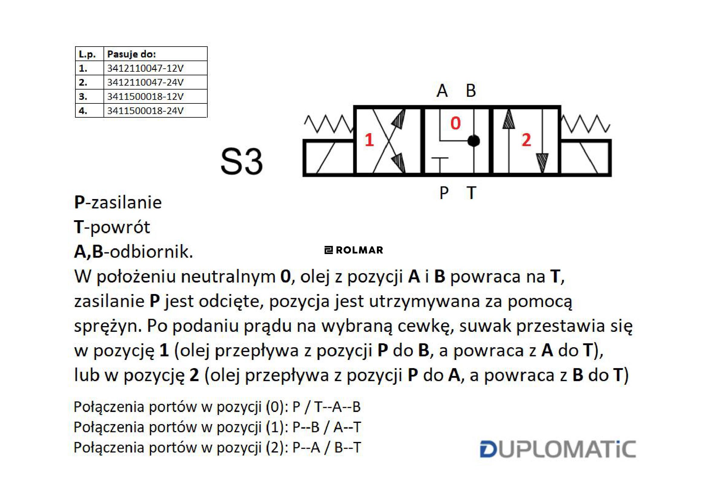 Rozdzielacz (elektrozawór) suwak "Y" DL3-S3/10N-D12 12V DC (cewka x 2) Compact 280bar. 50l/min Duplomatic