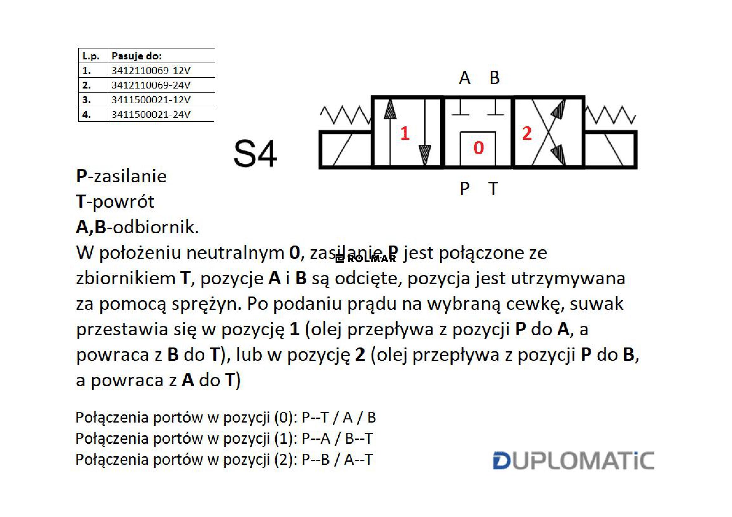 Rozdzielacz (elektrozawór) suwak "n" DL3-S4/10N-D12 12V DC (cewka x 2) Compact 280bar. 50l/min Duplomatic