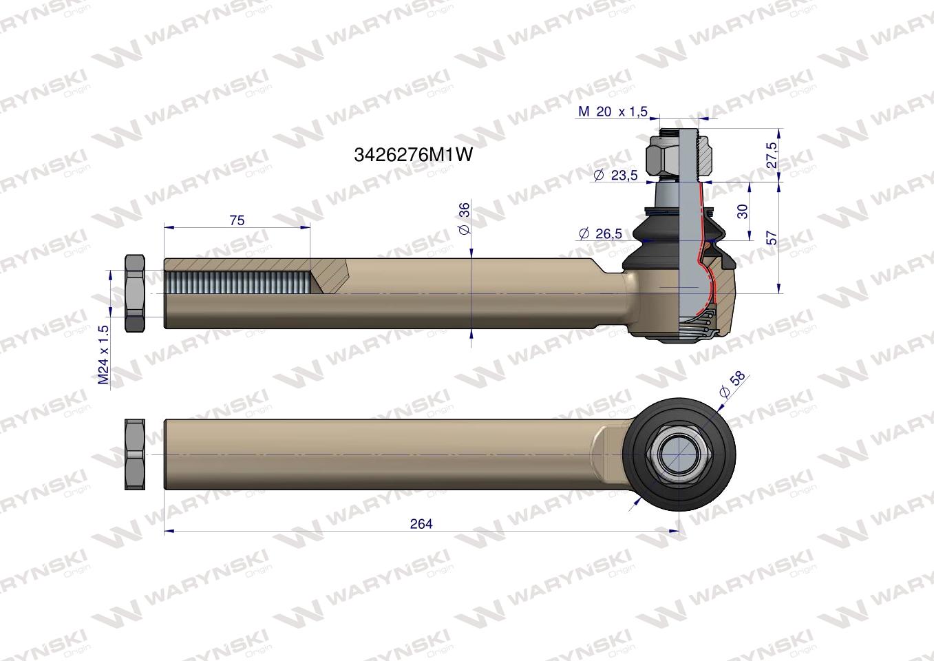 Przegub kierowniczy 264mm- M24x1,5 3426276M1 WARYŃSKI