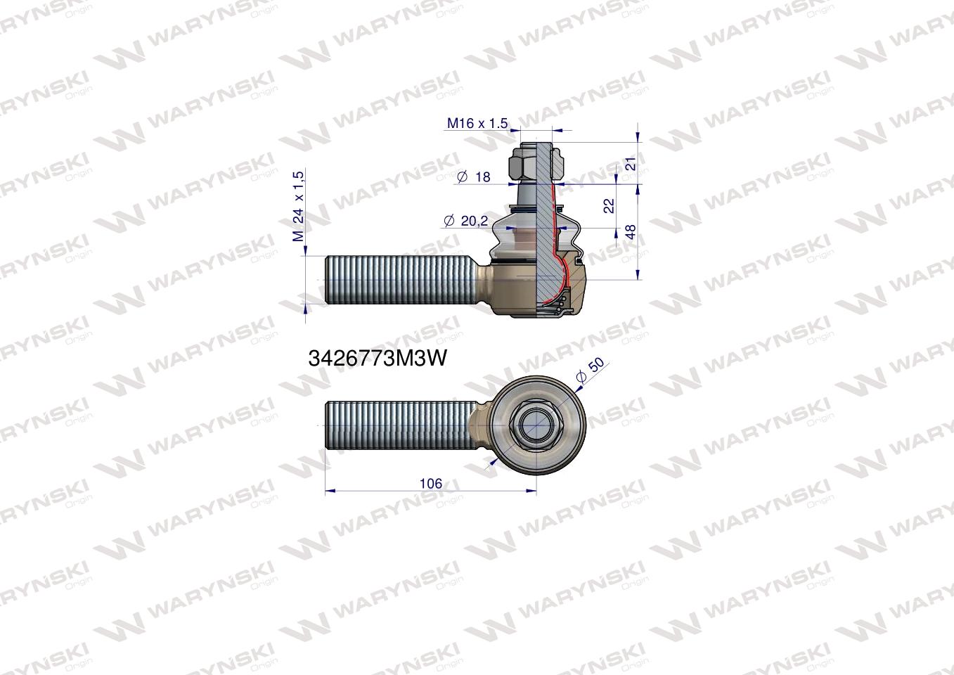 Przegub kierowniczy 106mm- M24x1,5 3426773M3, 3223997R1 WARYŃSKI