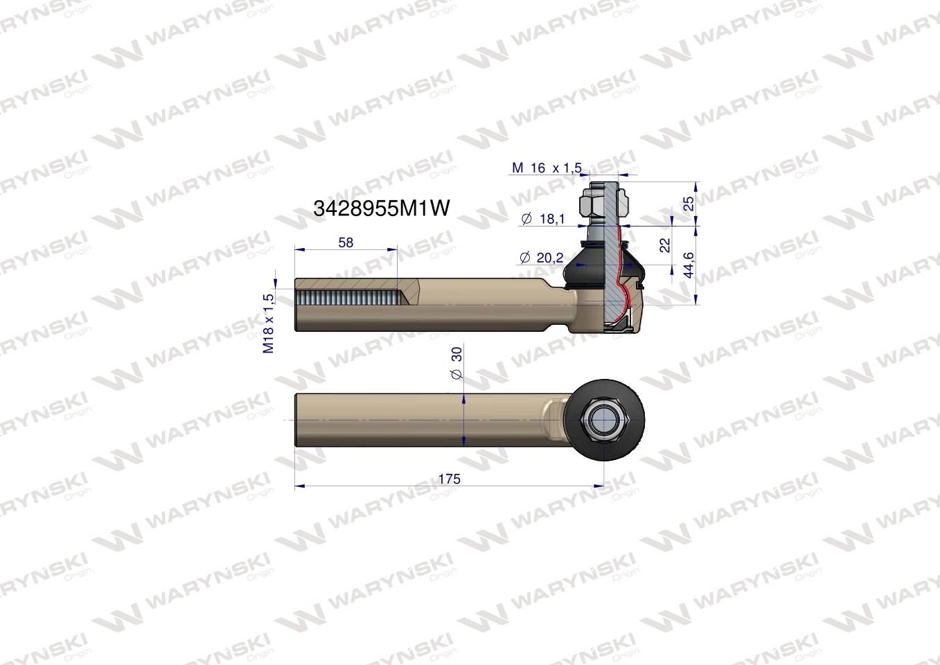 Przegub kierowniczy 175mm- M18x1,5 3428955M1 WARYŃSKI