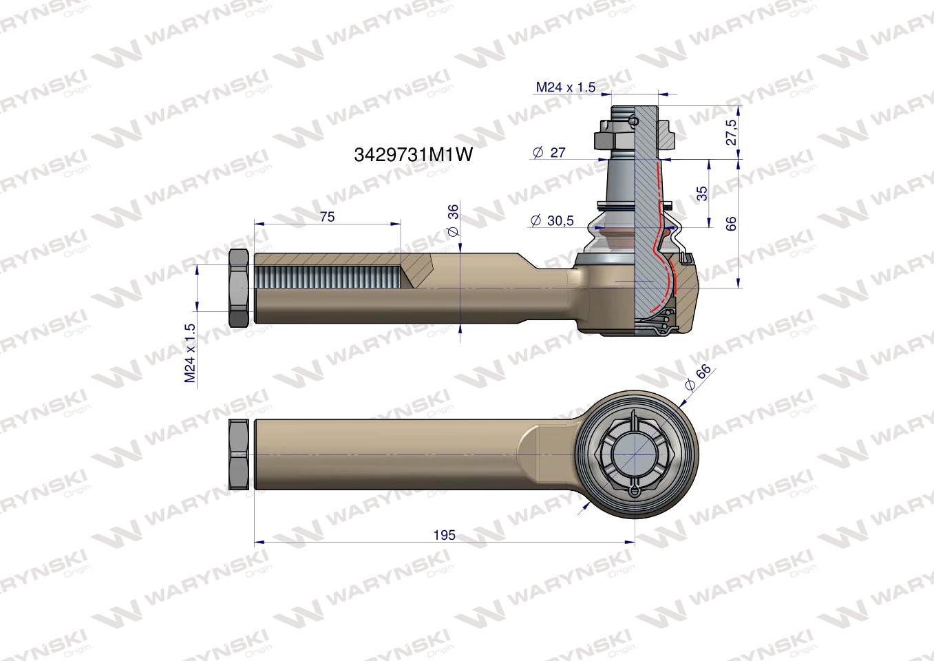 Przegub kierowniczy 195mm- M24x1,5 3429731M1 WARYŃSKI