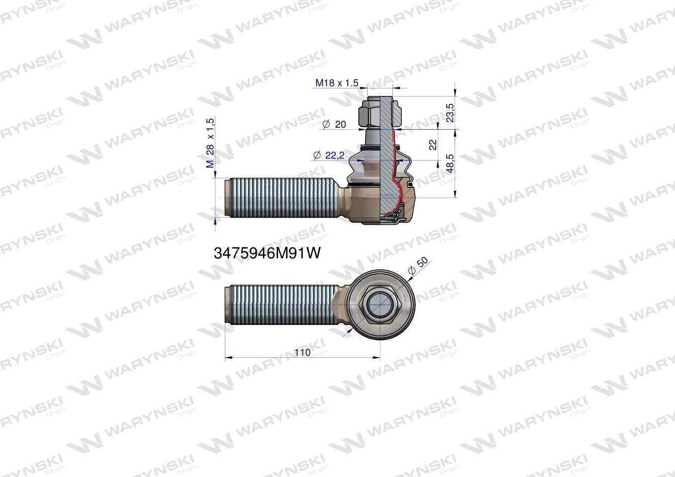 Przegub kierowniczy 110mm- M28x1,5 3475946M91 WARYŃSKI