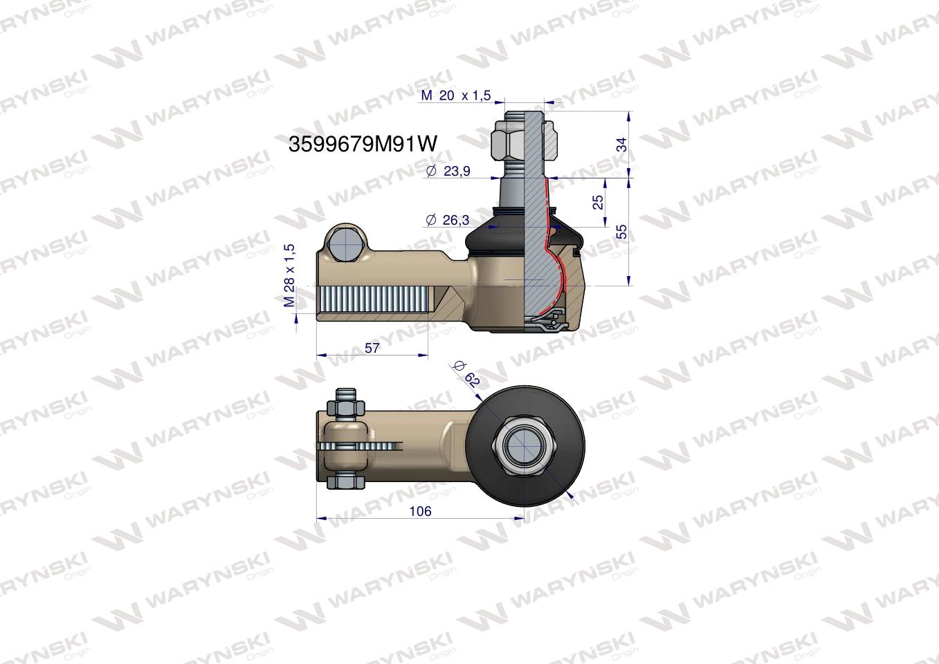 Przegub kierowniczy 106mm- M28x1,5 3599679M91 WARYŃSKI
