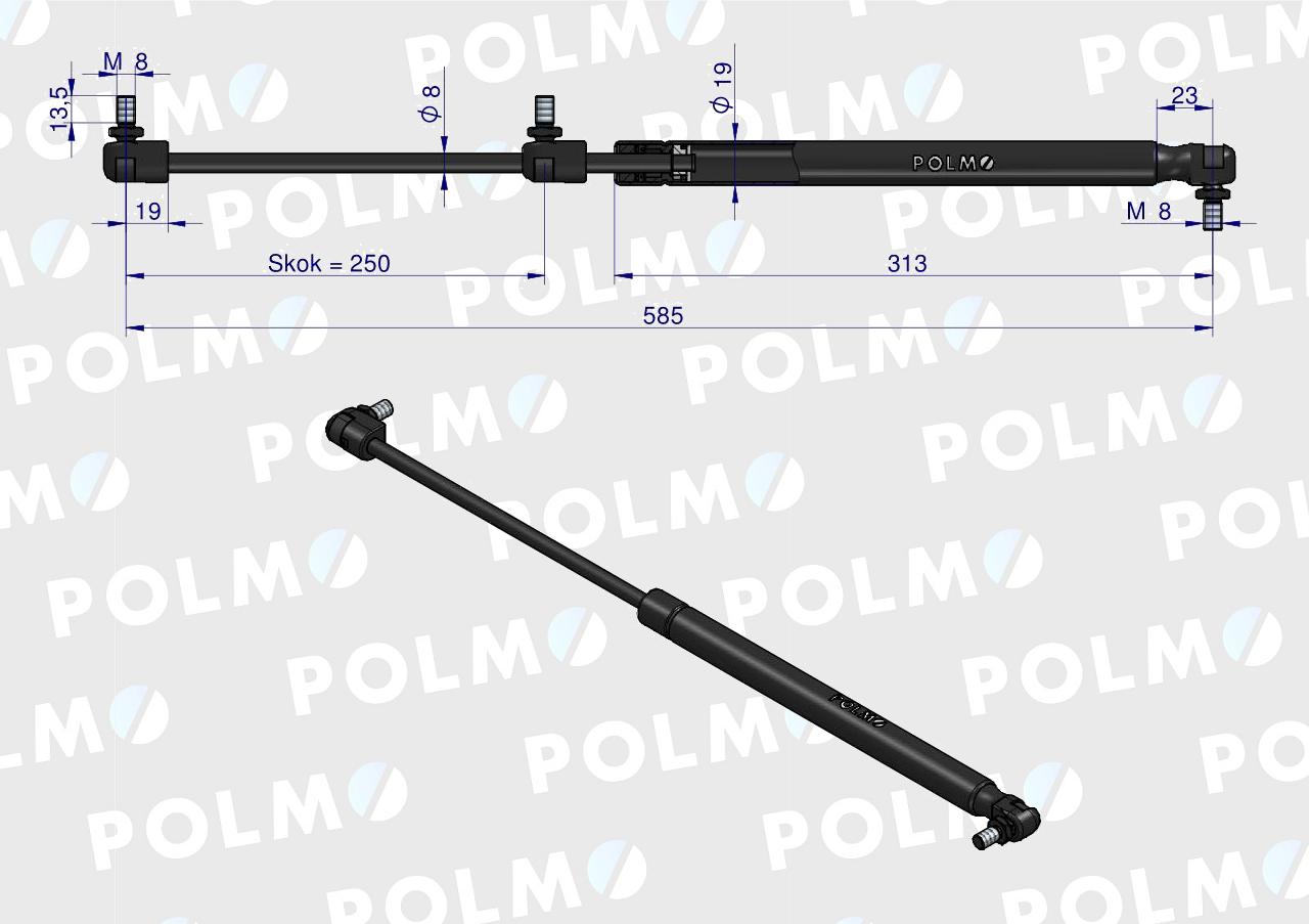 Siłownik szyby tylnej L max. 585mm 65417037 MASSEY FERGUSON POLMO