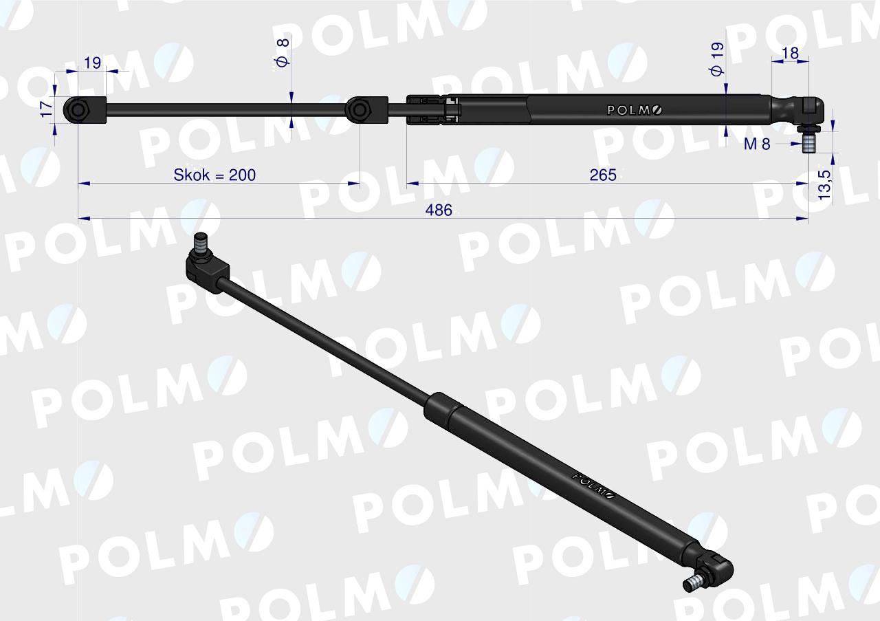 Siłownik szyby przedniej tylnej drzwi L max. 486mm 3904695M1P MASSEY FERGUSON POLMO