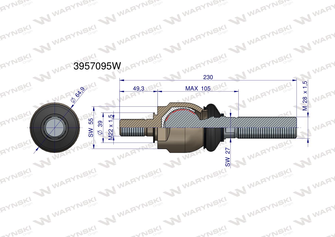 Przegub kierowniczy 230mm- M22x1.5; M28x1.5 3957095 WARYŃSKI