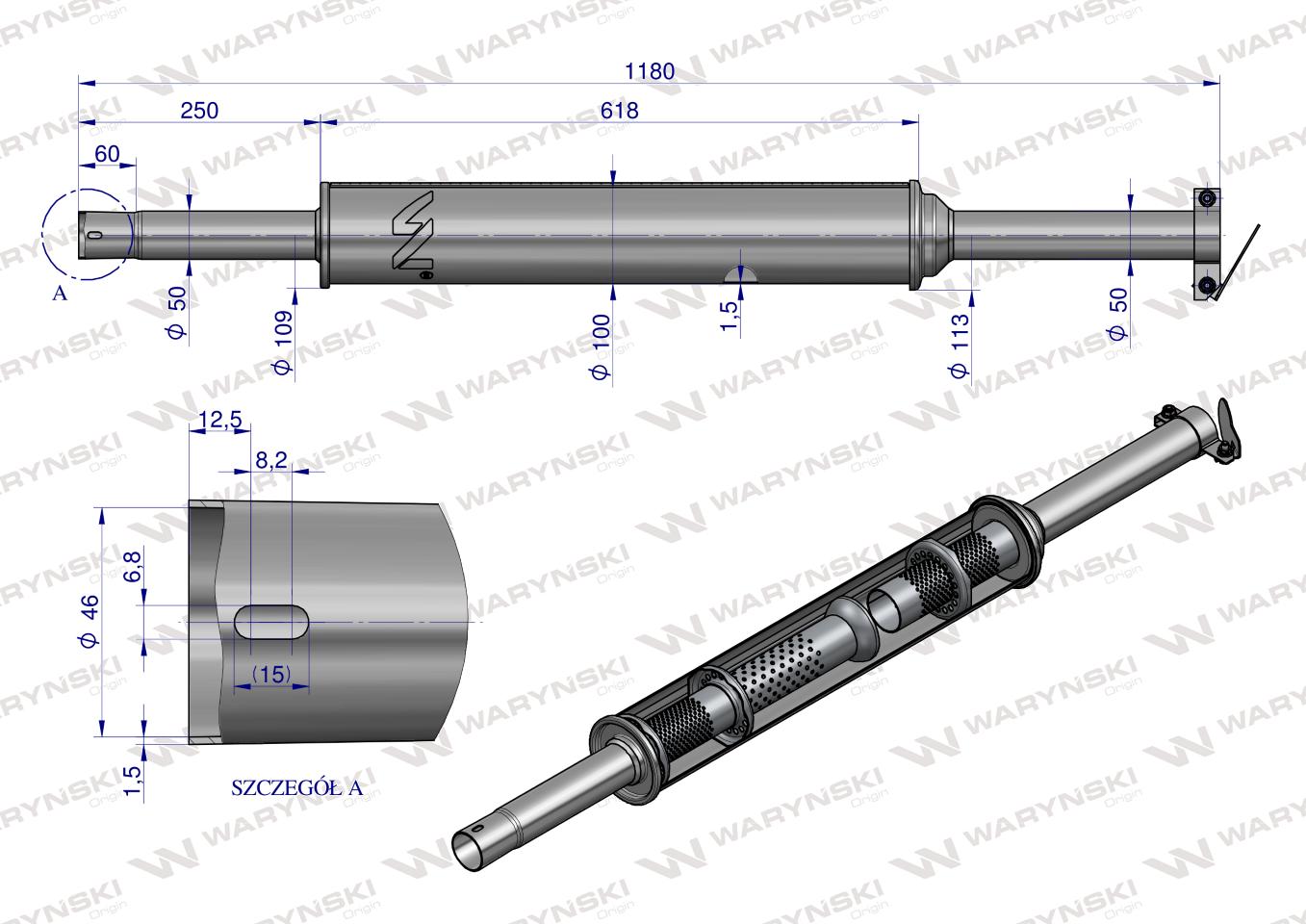 Tłumik okrągły długi 5.5kg 1180mm C-360 (prosty) INOX WARYŃSKI