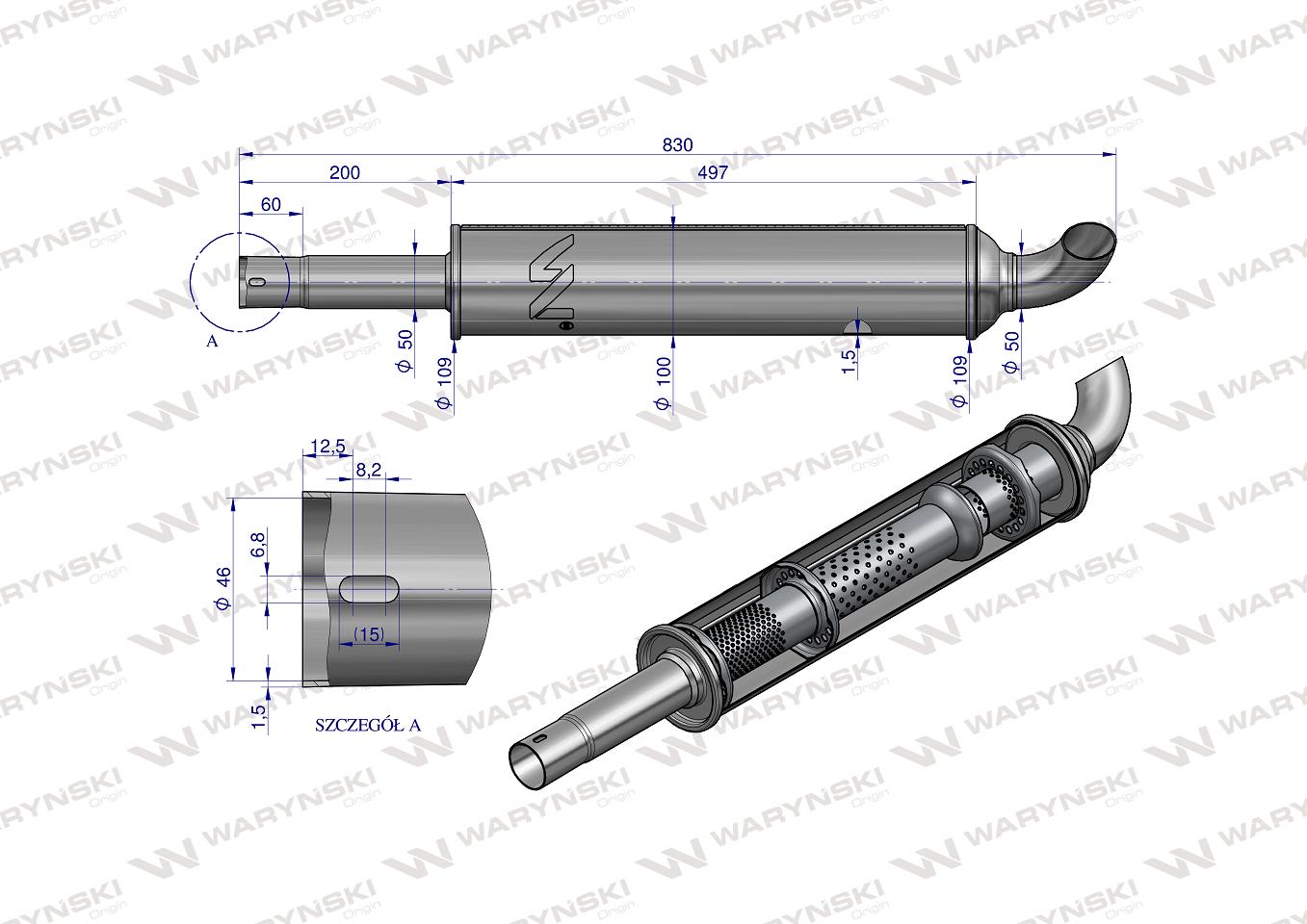 Tłumik okrągły krótki 830mm 4.1kg C-330 INOX WARYŃSKI