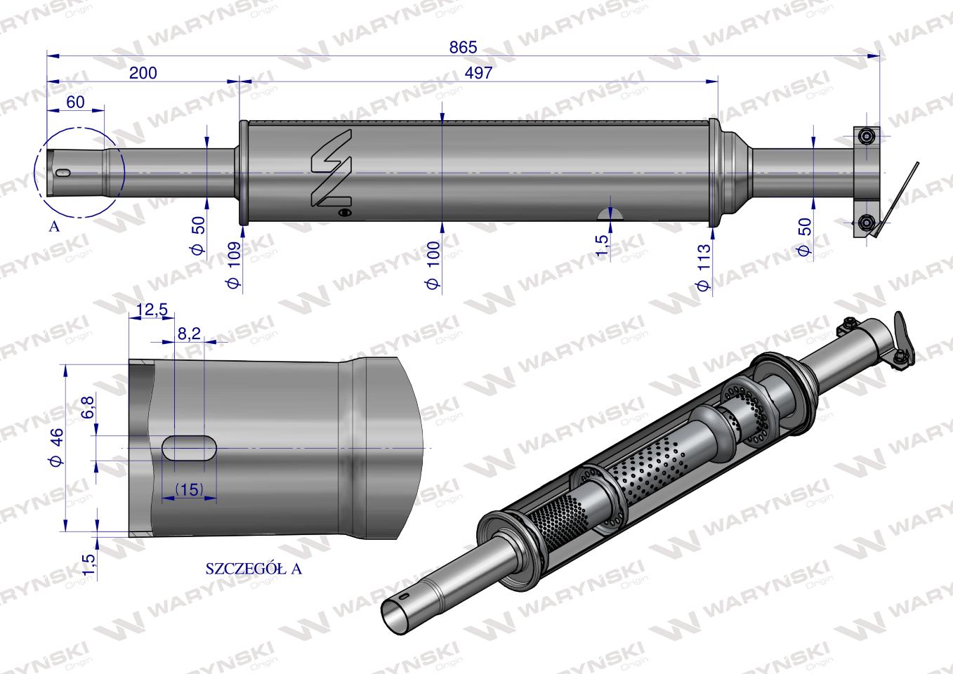 Tłumik okrągły krótki 865mm 4.5kg C-330 (prosty) INOX WARYŃSKI