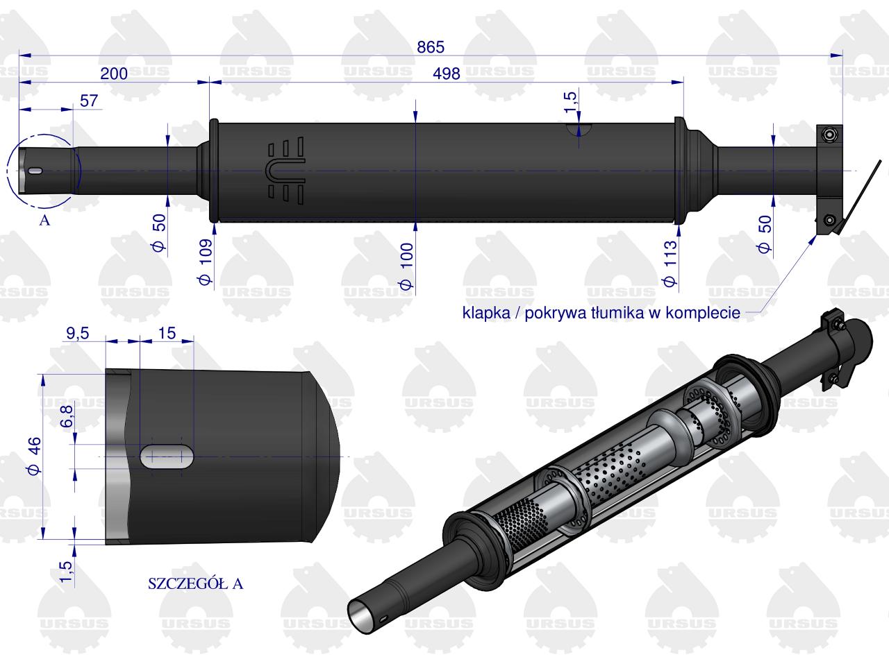 Tłumik okrągły krótki 865 mm 4.5kg C-330 (prosty) ORYGINAŁ URSUS