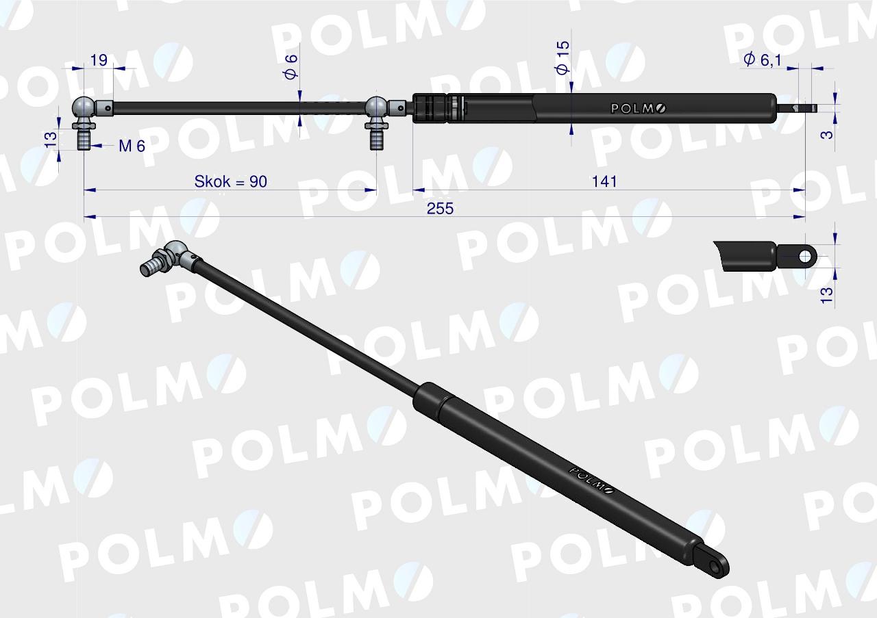 Siłownik szyba tylna, Szyberdach L max. 255mm 4316668P DEUTZ POLMO
