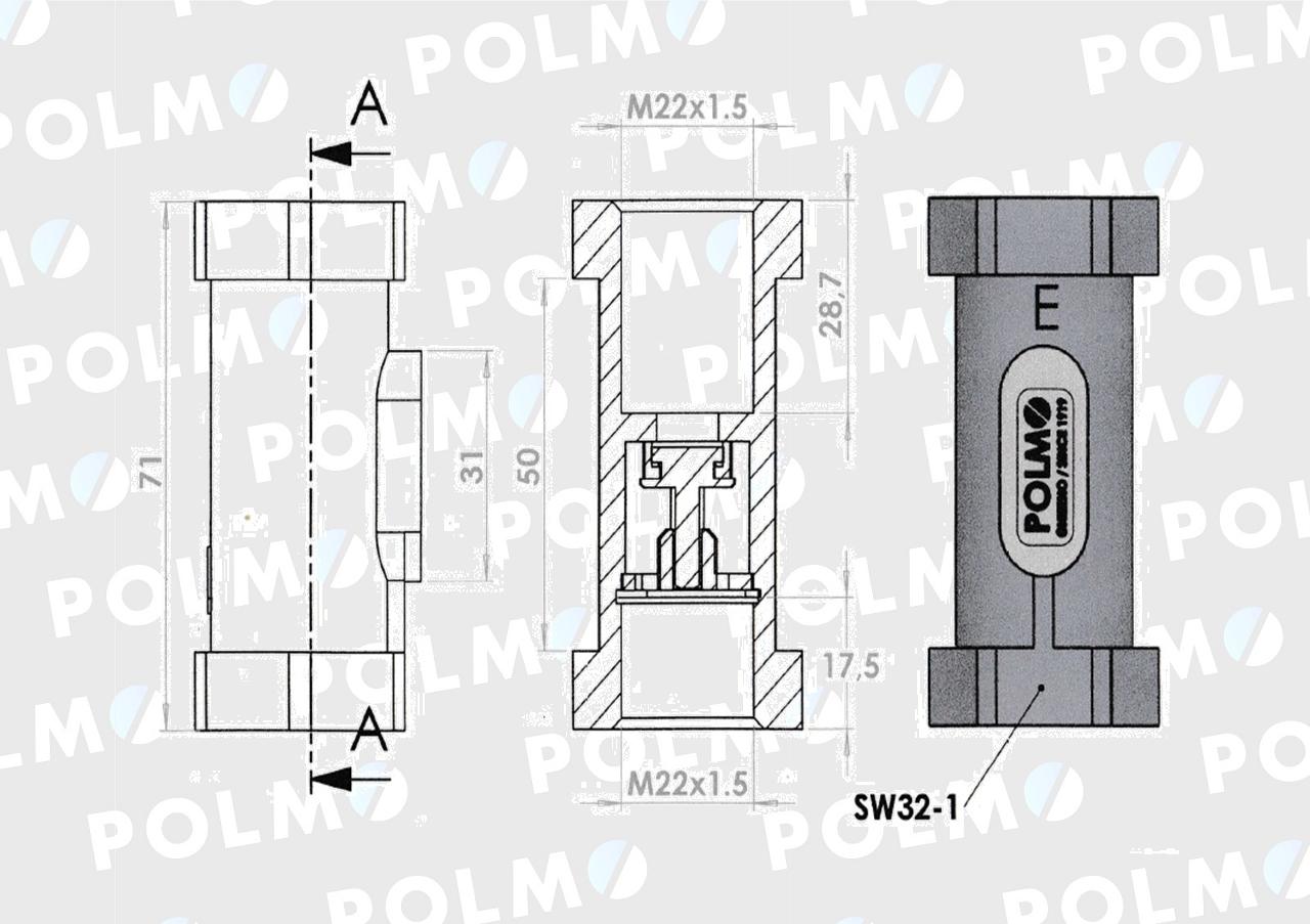 Zawór zwrotny odcinający prosty 22x1.5 gwint wewnętrzny max ciśnienie 22MPa POLMO