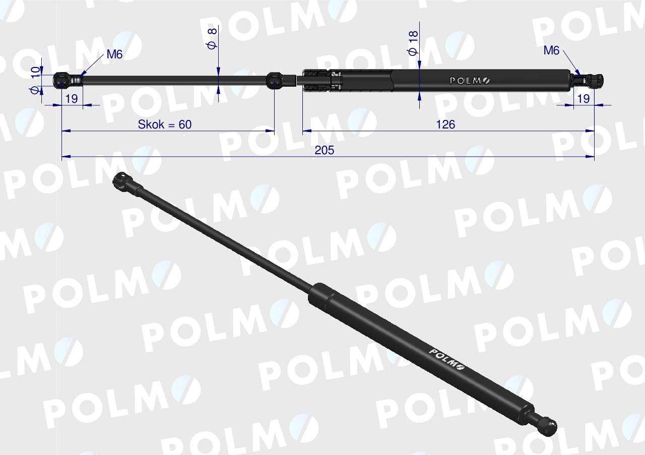 Siłownik drzwi L max. 205mm 47335077P CASE IH NEW HOLLAND STEYR POLMO