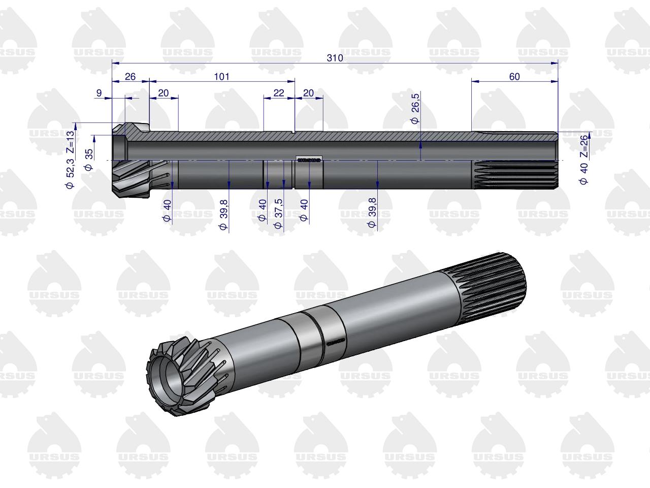 Wałek napędu przekaźnika mocy WOM ( sprzęgła 2-stopień) C-330 ORYGINAŁ URSUS