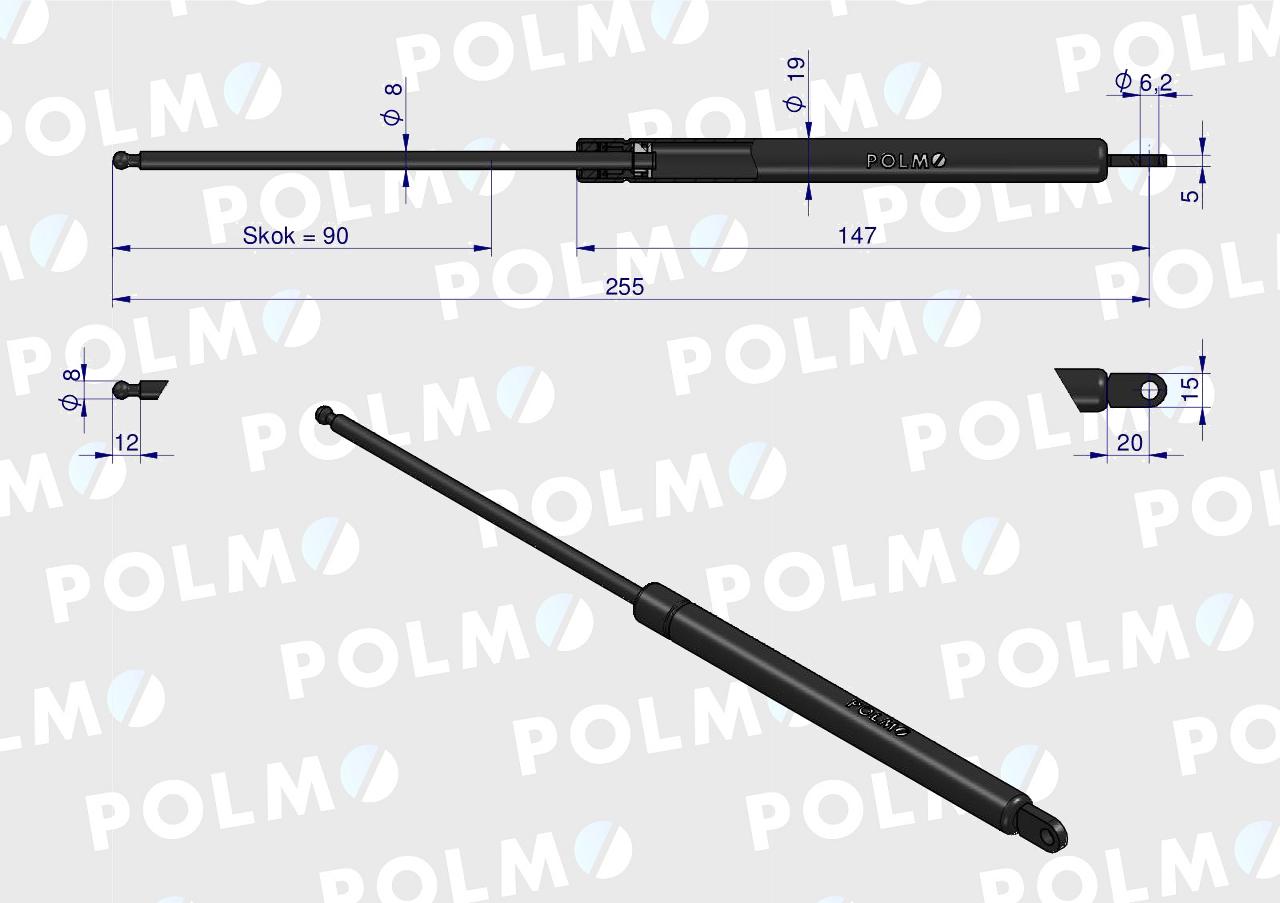 Siłownik szyberdachu L max. 255mm 65417046 FIAT POLMO