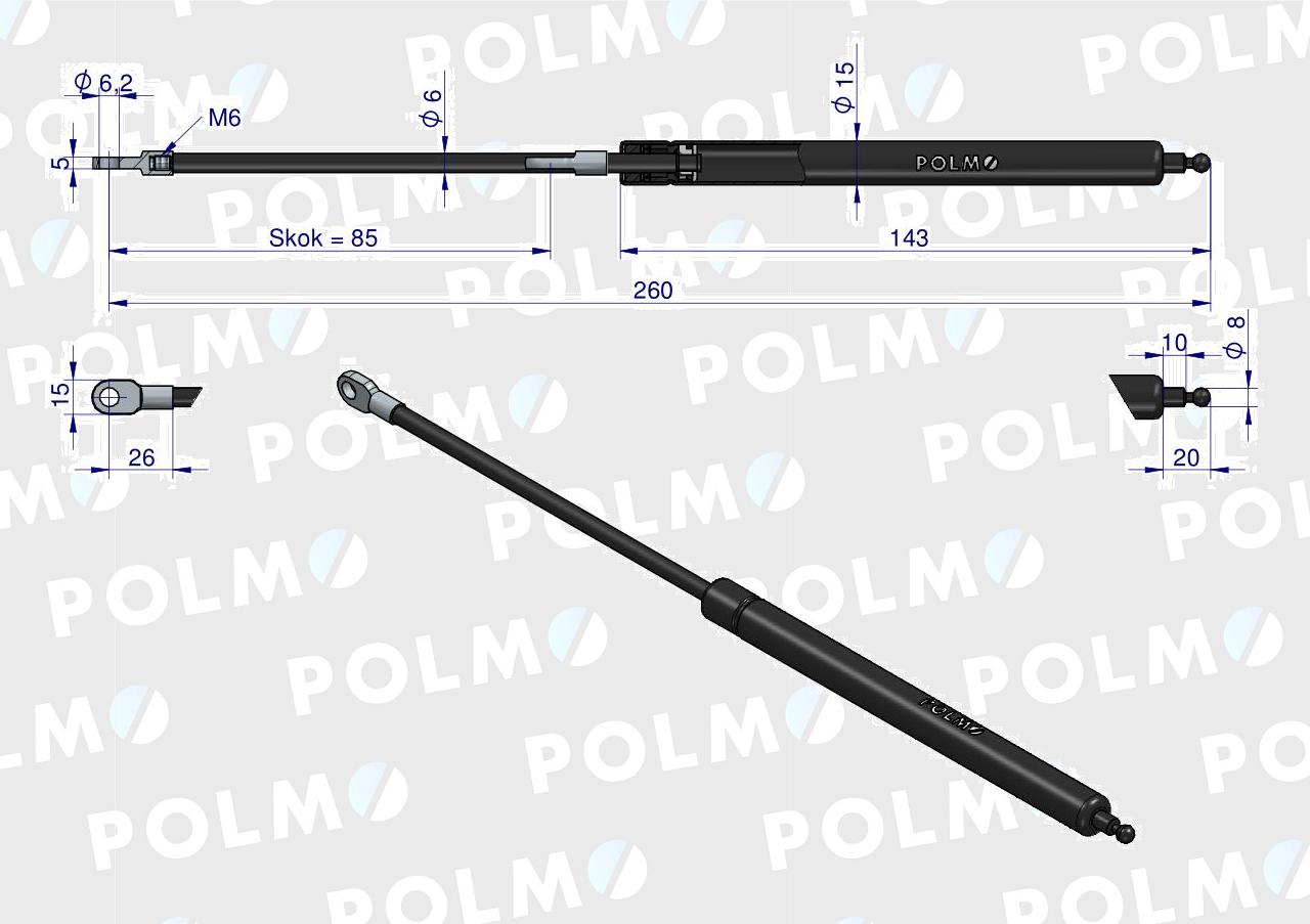 Siłownik szyberdachu L max. 260mm 65417044 FIAT POLMO