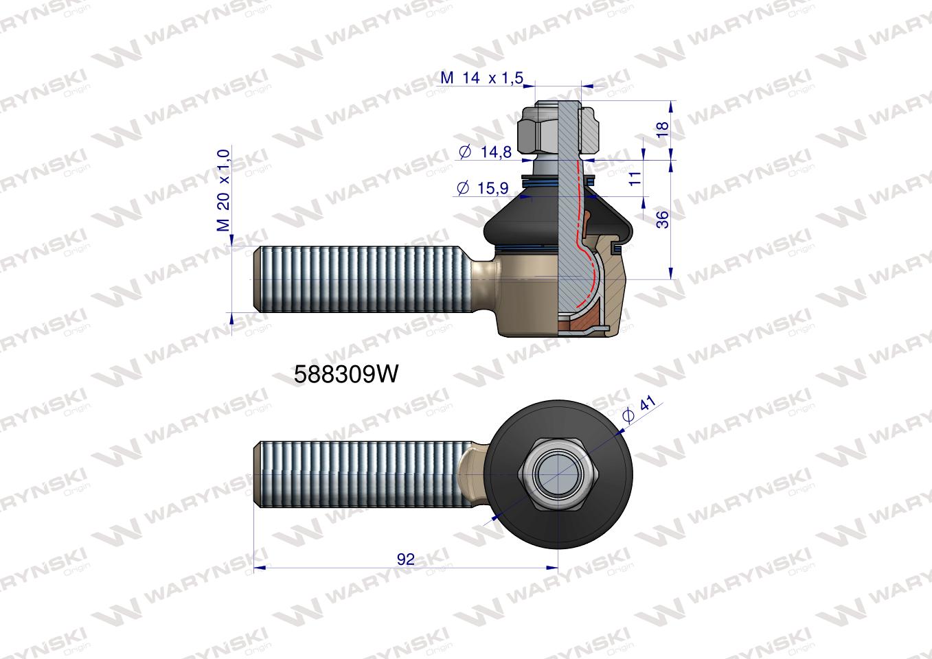 Przegub kierowniczy 92mm- M20x1,0 588309 WARYŃSKI