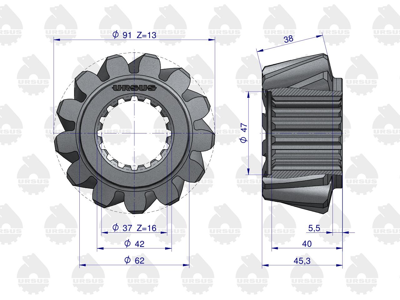 Para kół ataku 46625070 Zetor C-360 nity FI-8 (ząb skośny) ORYGINAŁ URSUS
