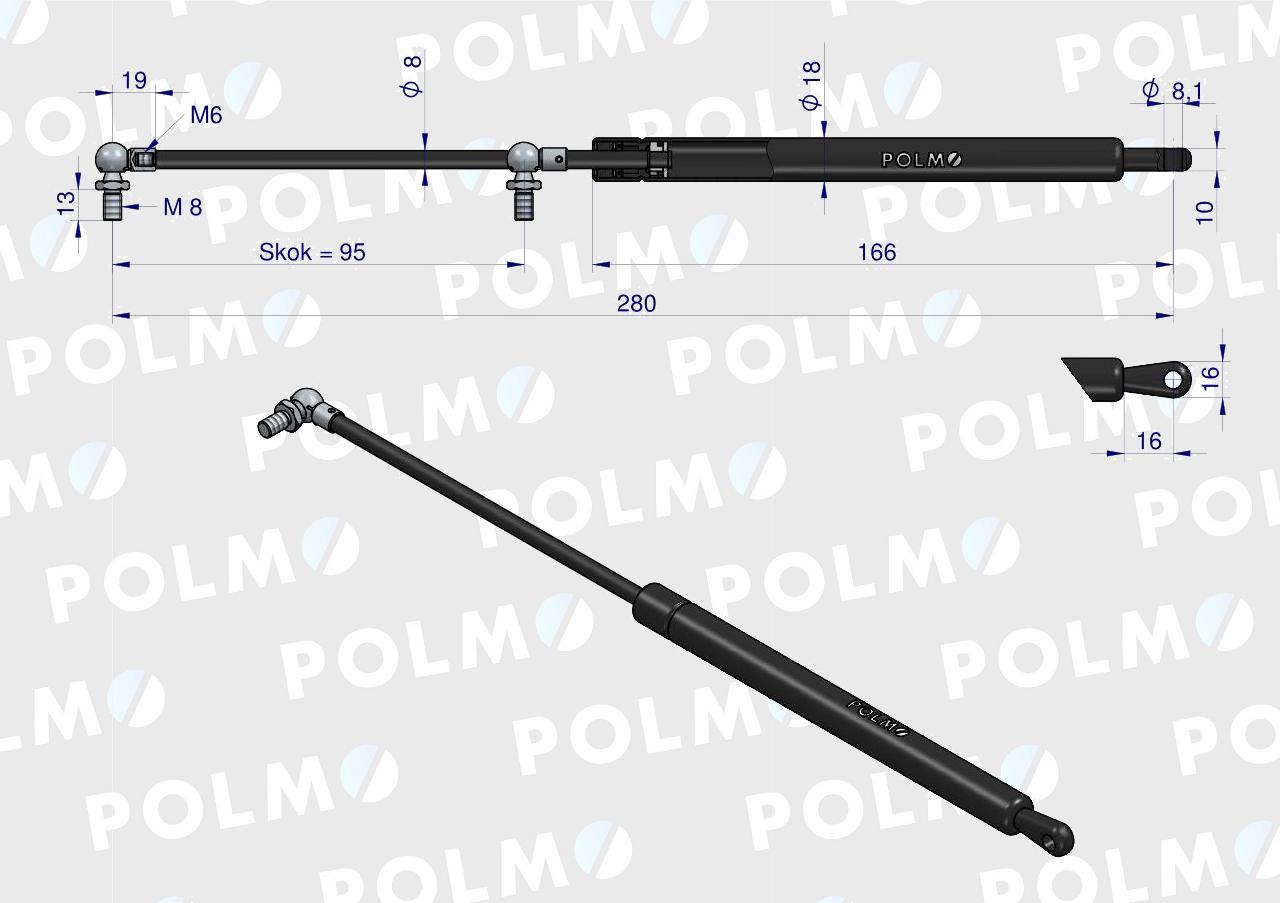 Siłownik szyby przedniej L max. 280mm 62546500P CASE IH FRITZMEIER POLMO
