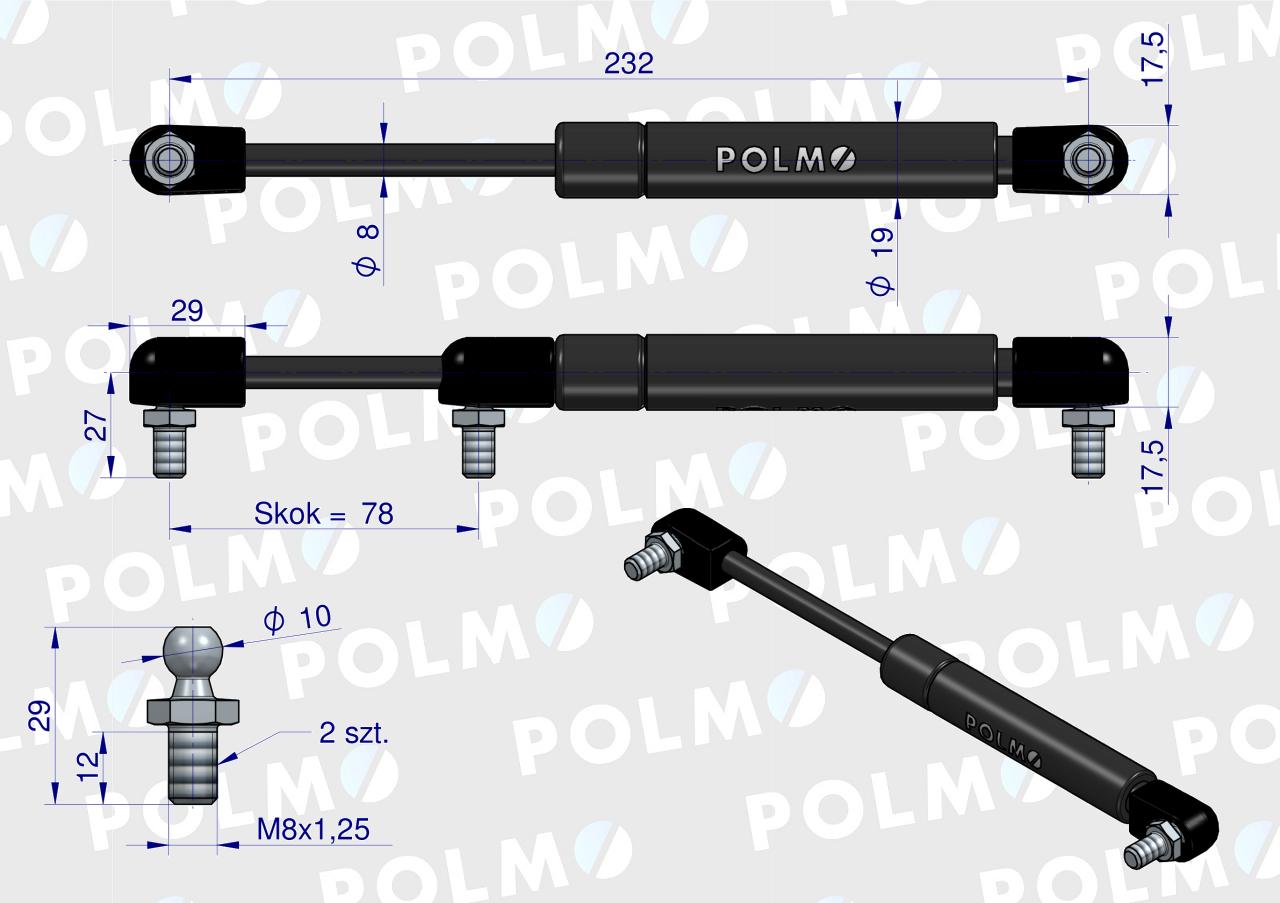 Siłownik dachu 64014593 pasuje do Ursus C-385 i Massey Ferguson  POLMO