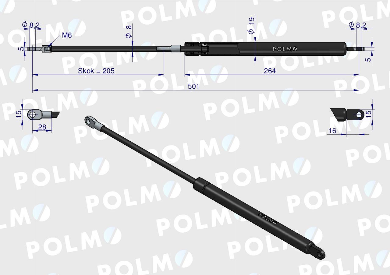 Siłownik szyby tylnej L max. 501mm 65417040 FIAT. RENAULT POLMO