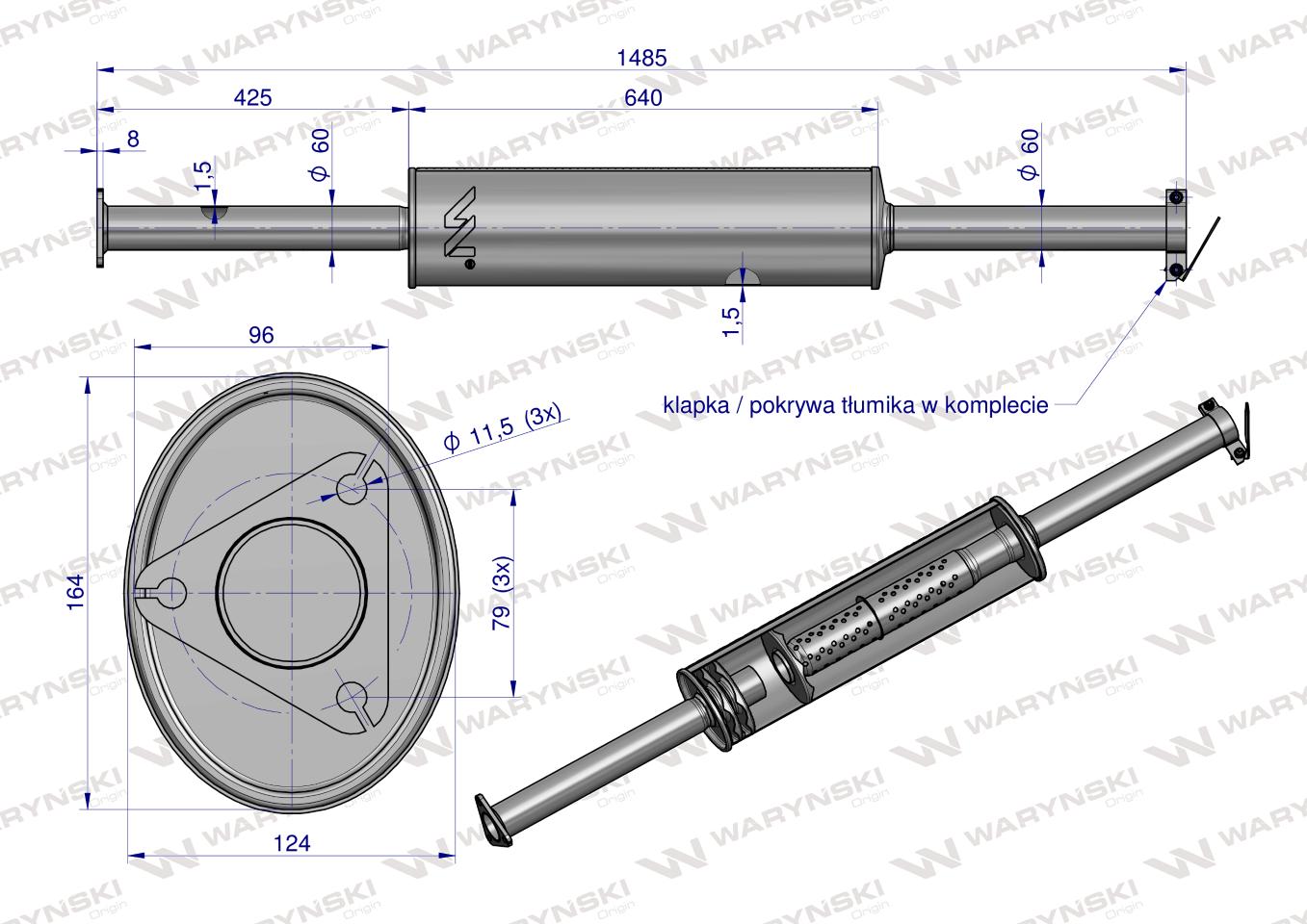 Tłumik prosty długi 1485mm 8kg C-385 ( prosty ) INOX WARYŃSKI