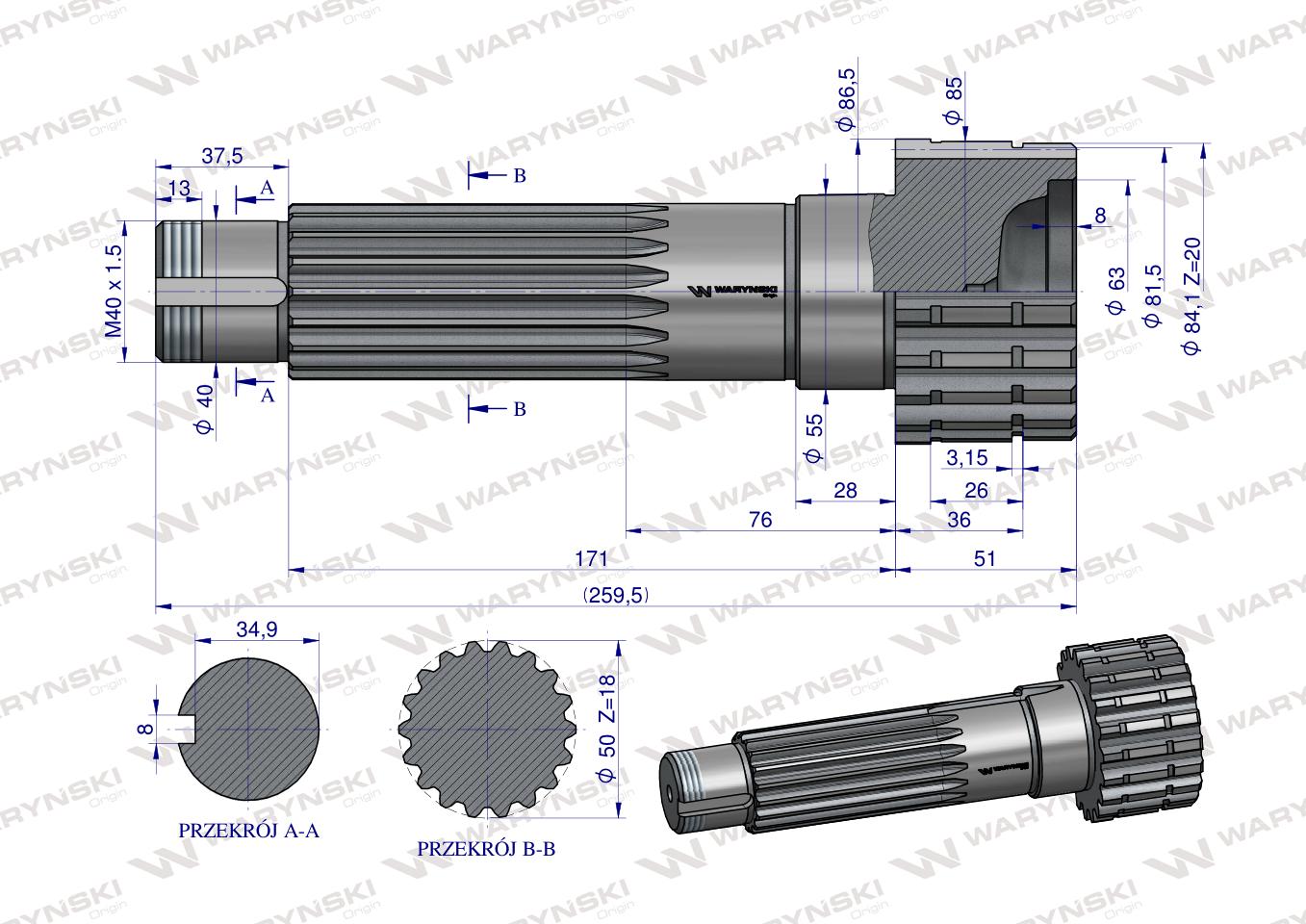 Wał napędzający reduktora 80121187 C-385 WARYŃSKI
