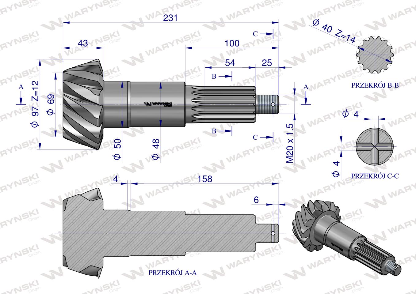 Wałek atakujący z kołem talerzowym C-385 śruby M12 80170989 WARYŃSKI