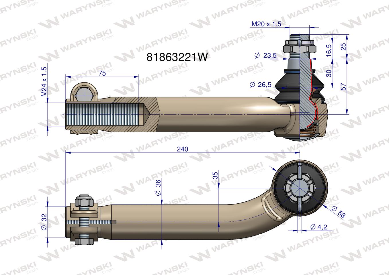 Przegub kierowniczy prawy M24x1.5L 81863221 WARYŃSKI