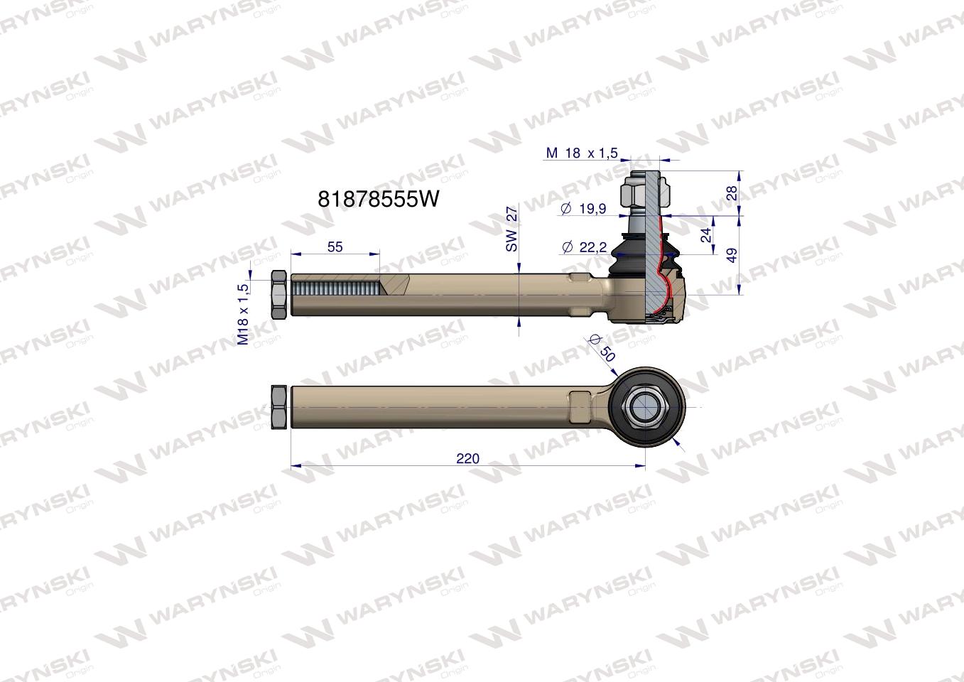 Przegub kierowniczy 220mm- M18x1,5 81878555 WARYŃSKI